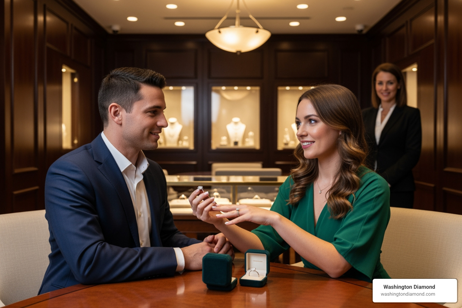 Couple admiring an engagement ring in a private showroom - average cost of a 2 carat lab grown diamond