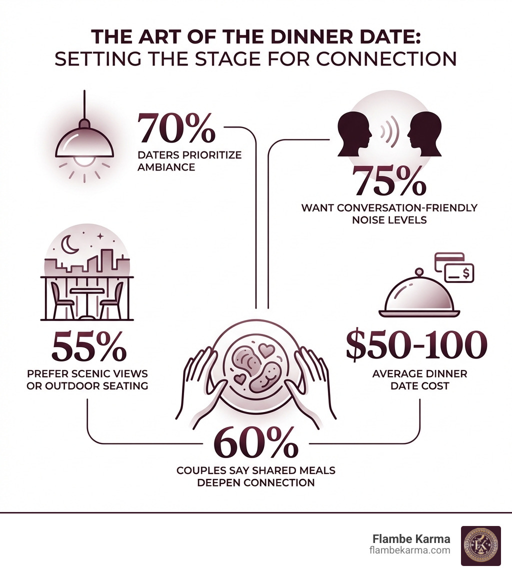 infographic showing key statistics: 70% of daters prioritize ambiance, 75% want conversation-friendly noise levels, 55% prefer scenic views or outdoor seating, average dinner date costs $50-100, and 60% of couples say shared meals deepen connection - dinner date spots infographic 