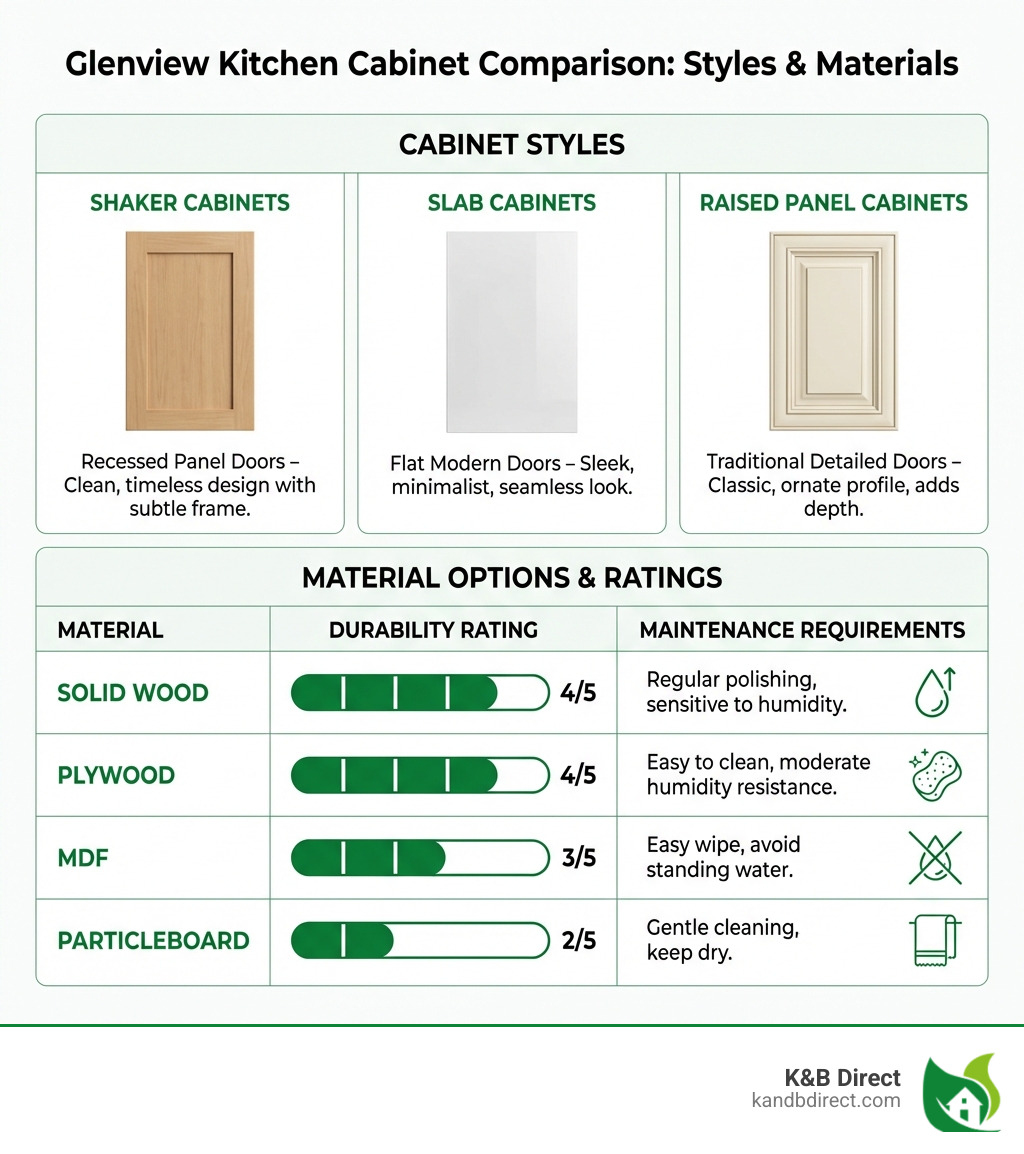 infographic showing comparison of cabinet styles including Shaker cabinets with recessed panel doors, Slab cabinets with flat modern doors, and Raised Panel cabinets with traditional detailed doors, along with material options of solid wood, plywood, MDF and particleboard with their durability ratings and maintenance requirements - Kitchen cabinets Glenview IL infographic 