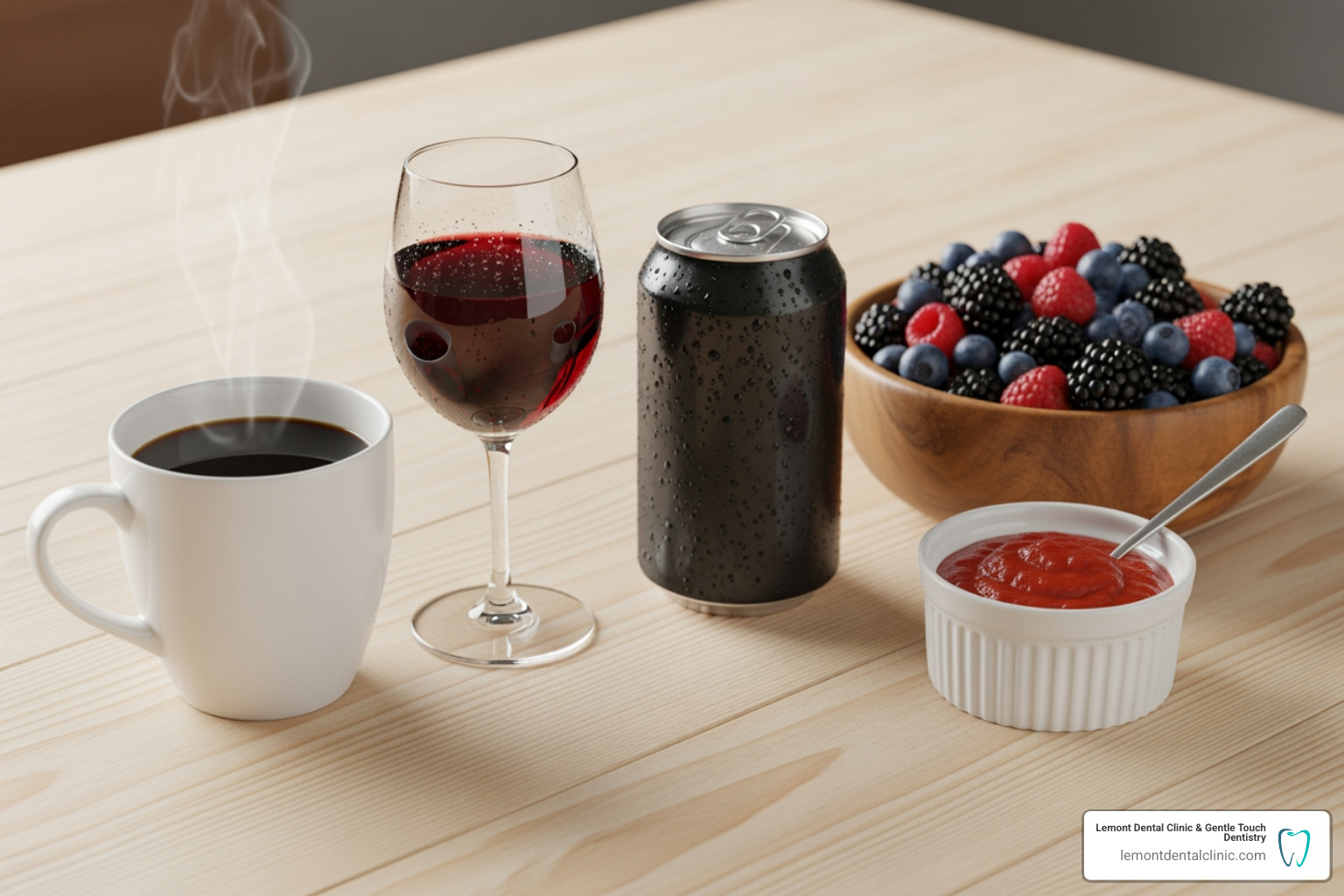 Image of common foods and drinks that can stain teeth, such as coffee, tea, red wine, dark sodas, berries, and tomato sauce - in office teeth whitening
