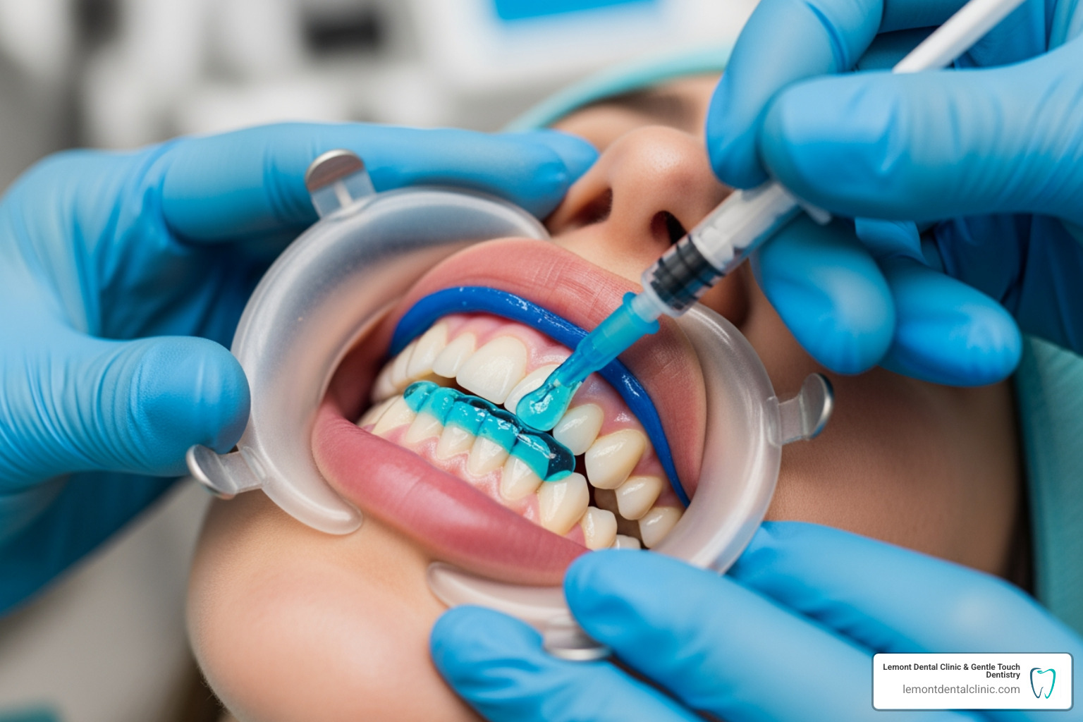 A dental professional applies a protective barrier to a patient's gums before applying whitening gel - in office teeth whitening