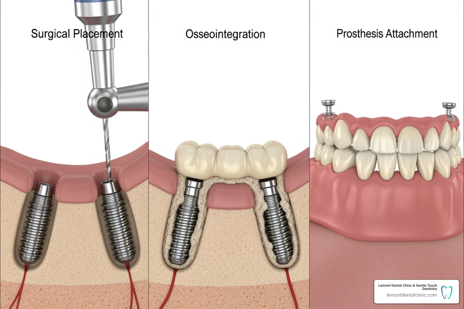 steps from implant placement to final prosthesis - full arch restoration