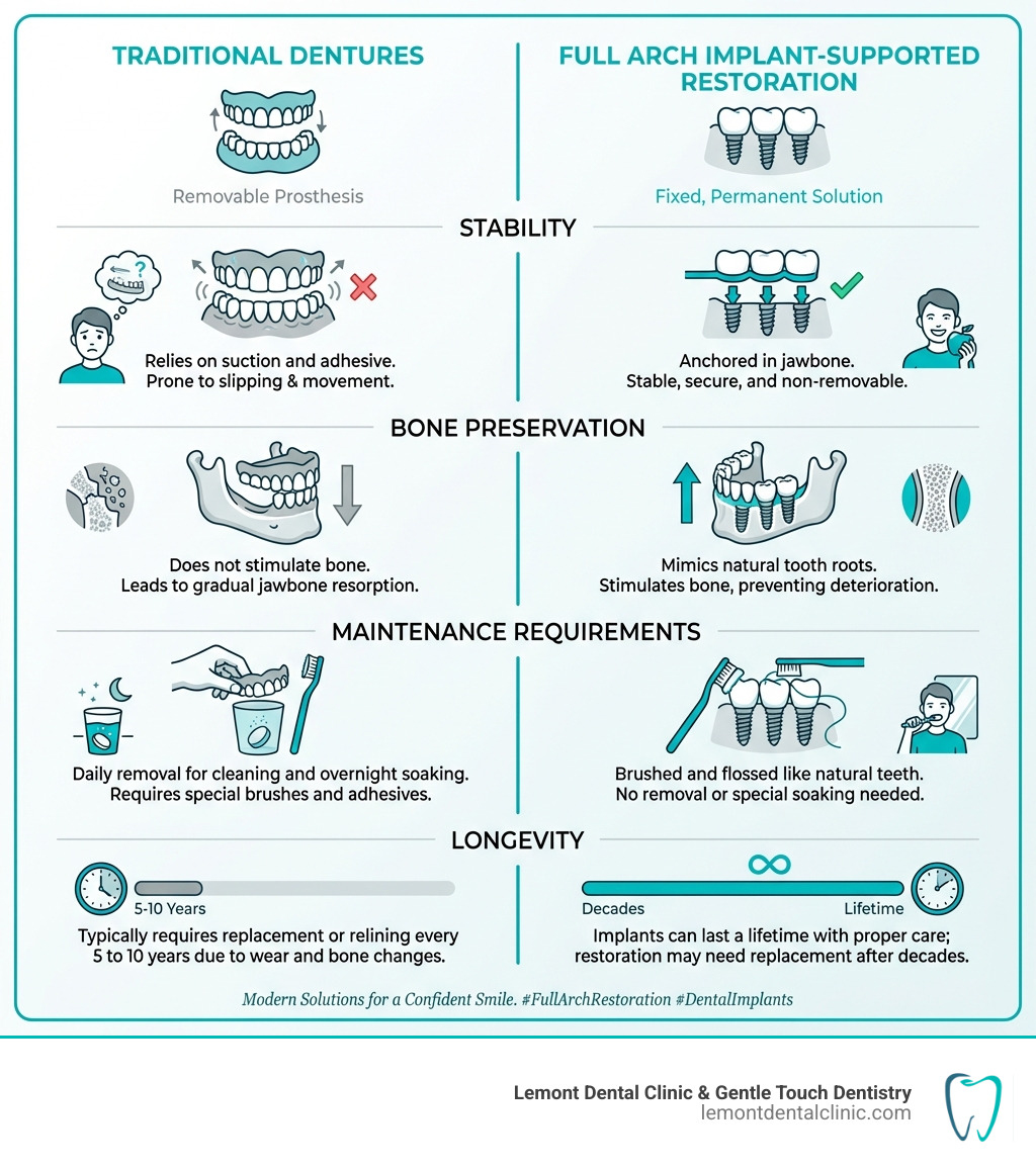 infographic comparing traditional dentures versus full arch implant-supported restoration showing differences in stability, bone preservation, maintenance requirements, and longevity - full arch restoration infographic 