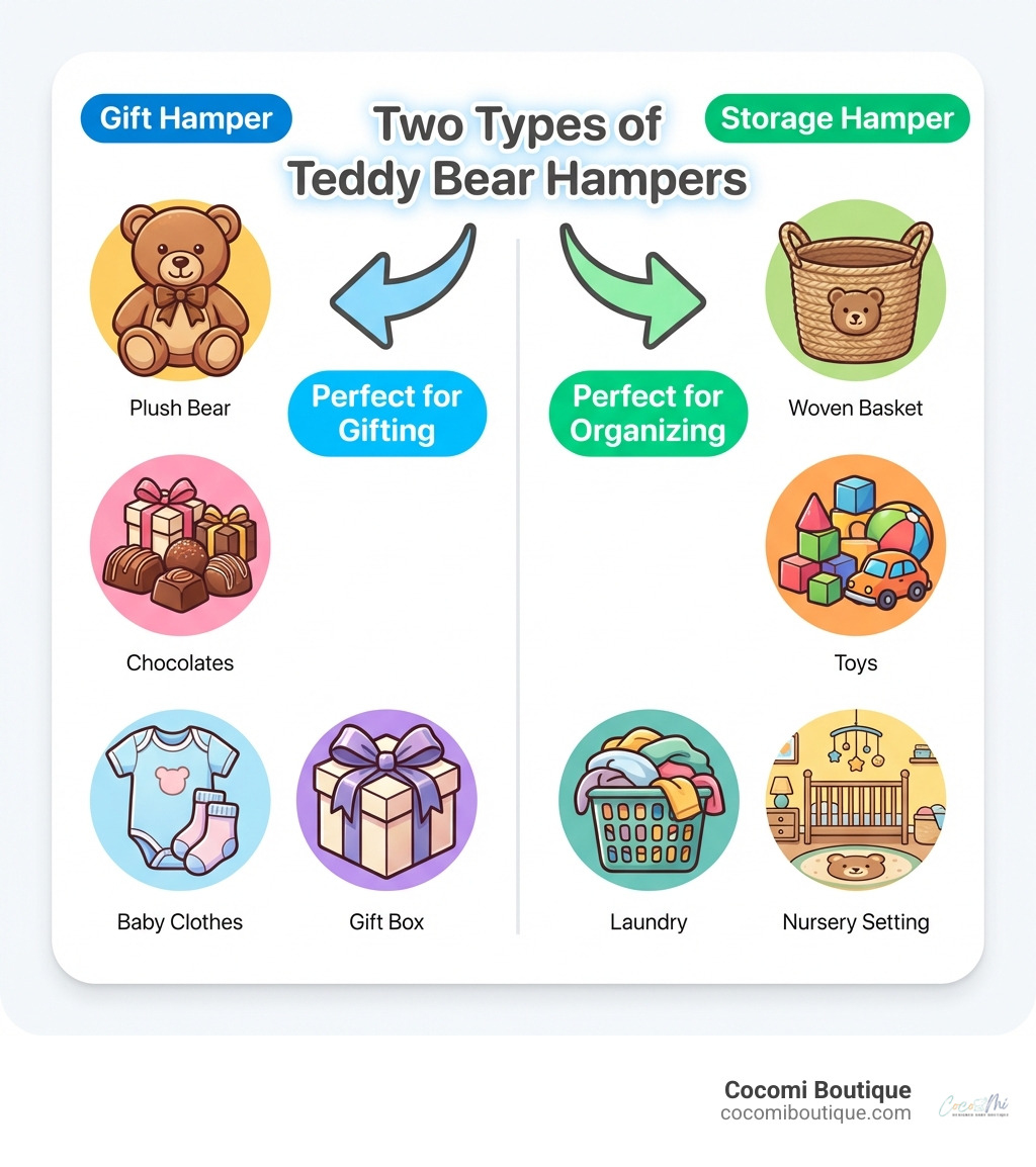 Infographic showing two columns: Left side labeled "Gift Hamper" with icons of a teddy bear, wrapped chocolates, baby clothes, and gift box with bow. Right side labeled "Storage Hamper" with icons of a woven basket, toys, laundry, and nursery room setting. Center text reads "Two Types of Teddy Bear Hampers" with arrows pointing to "Perfect for Gifting" and "Perfect for Organizing" - teddy bear hamper infographic 