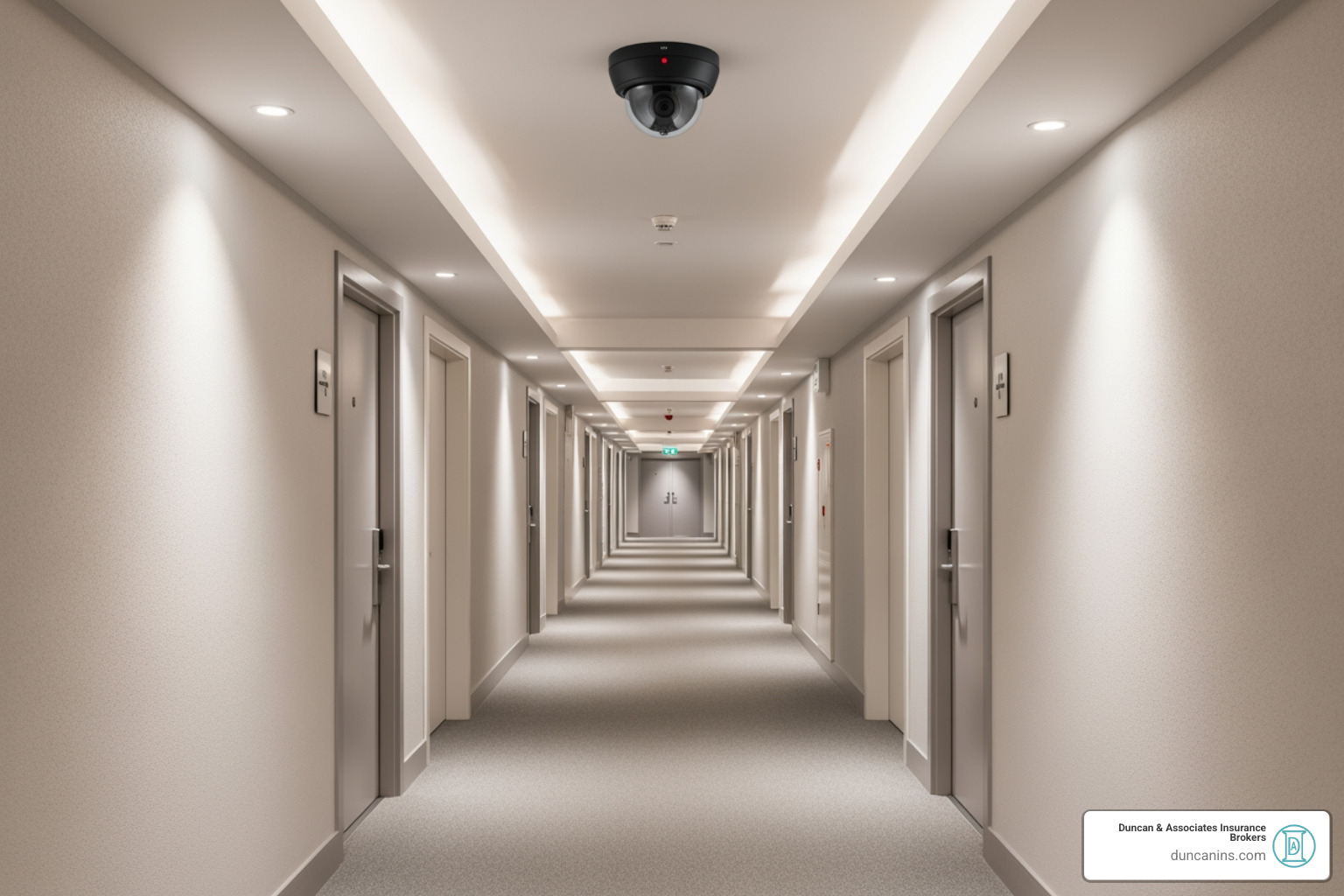clean, well-lit apartment building hallway with a security camera - secure rental property