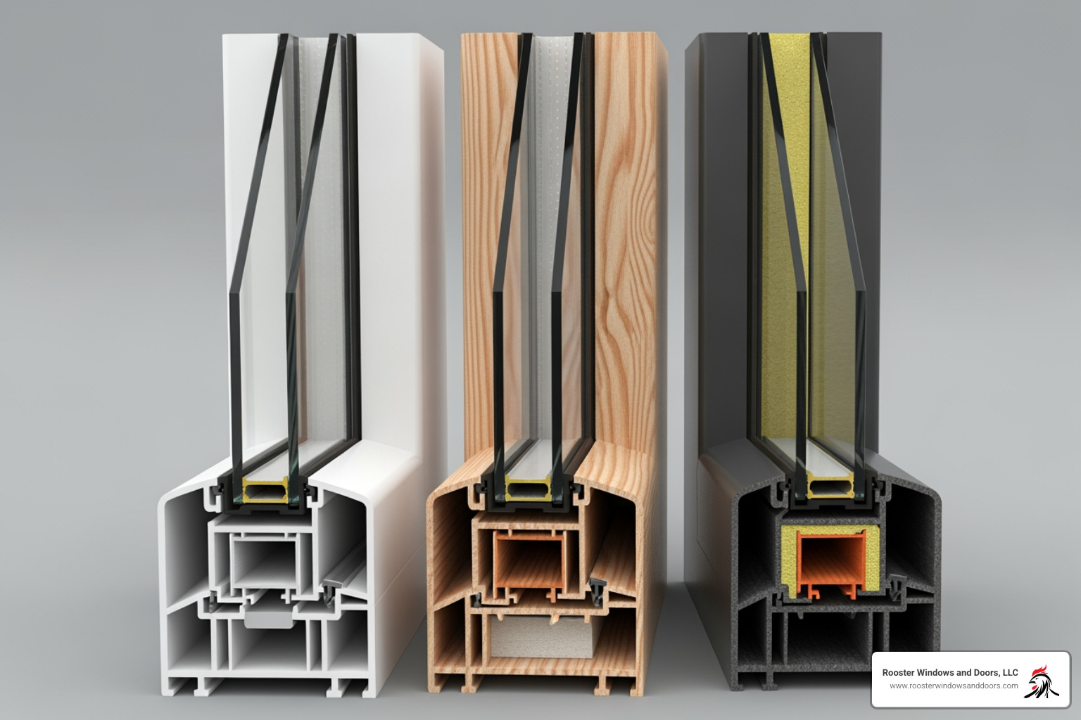 cross-section of window frames showing vinyl, wood, and fiberglass materials - affordable window replacement cross-section of window frames showing vinyl, wood, and fiberglass materials - affordable window replacement