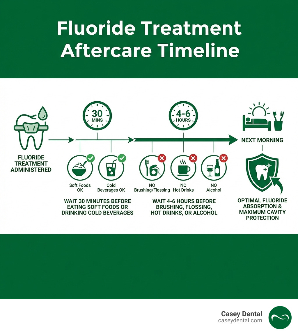 Infographic showing fluoride treatment aftercare timeline: Wait 30 minutes before eating soft foods or drinking cold beverages; Wait 4-6 hours before brushing, flossing, hot drinks, or alcohol; Wait until next morning for optimal fluoride absorption and maximum cavity protection - when can i brush my teeth after fluoride treatment infographic Infographic showing fluoride treatment aftercare timeline: Wait 30 minutes before eating soft foods or drinking cold beverages; Wait 4-6 hours before brushing, flossing, hot drinks, or alcohol; Wait until next morning for optimal fluoride absorption and maximum cavity protection - when can i brush my teeth after fluoride treatment infographic