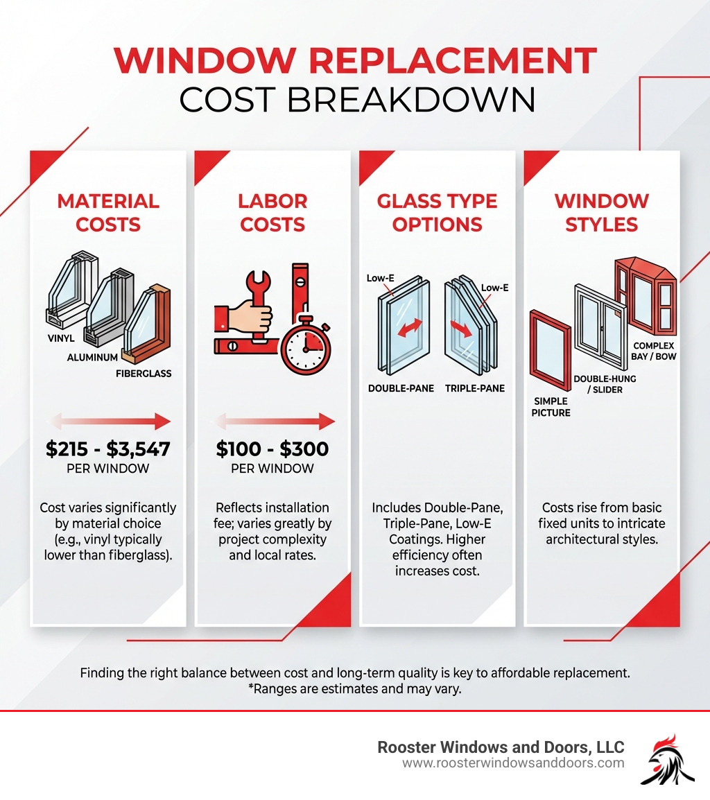 infographic showing cost breakdown for window replacement with four main factors: material costs ranging from $215-$3,547 per window for vinyl/aluminum/fiberglass, labor costs of $100-$300 per window, glass type options including double-pane and triple-pane with Low-E coatings, and window styles from simple picture windows to complex bay windows - affordable window replacement infographic infographic showing cost breakdown for window replacement with four main factors: material costs ranging from $215-$3,547 per window for vinyl/aluminum/fiberglass, labor costs of $100-$300 per window, glass type options including double-pane and triple-pane with Low-E coatings, and window styles from simple picture windows to complex bay windows - affordable window replacement infographic