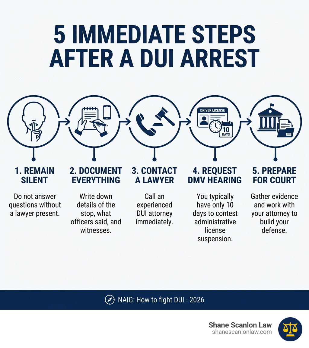 Infographic showing the 5 immediate steps to take after a DUI arrest: 1. Remain Silent - Do not answer questions without a lawyer present; 2. Document Everything - Write down details of the stop, what officers said, and witnesses; 3. Contact a Lawyer - Call an experienced DUI attorney immediately; 4. Request DMV Hearing - You typically have only 10 days to contest administrative license suspension; 5. Prepare for Court - Gather evidence and work with your attorney to build your defense - How to fight DUI infographic Infographic showing the 5 immediate steps to take after a DUI arrest: 1. Remain Silent - Do not answer questions without a lawyer present; 2. Document Everything - Write down details of the stop, what officers said, and witnesses; 3. Contact a Lawyer - Call an experienced DUI attorney immediately; 4. Request DMV Hearing - You typically have only 10 days to contest administrative license suspension; 5. Prepare for Court - Gather evidence and work with your attorney to build your defense - How to fight DUI infographic