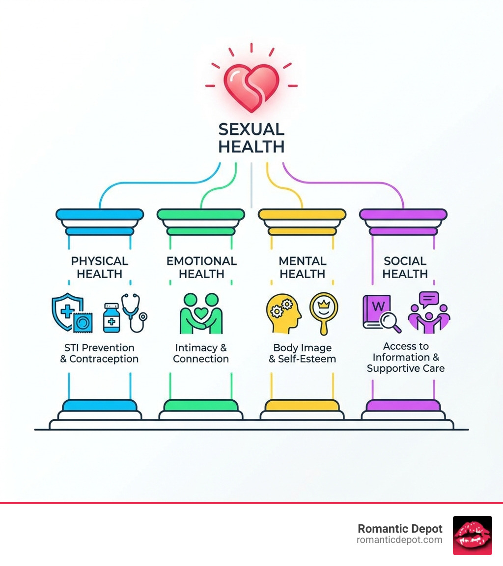 Infographic showing the four pillars of sexual health: Physical health including STI prevention and contraception, Emotional health including intimacy and connection, Mental health including body image and self-esteem, and Social health including access to information and supportive care - Sexual Health infographic 
