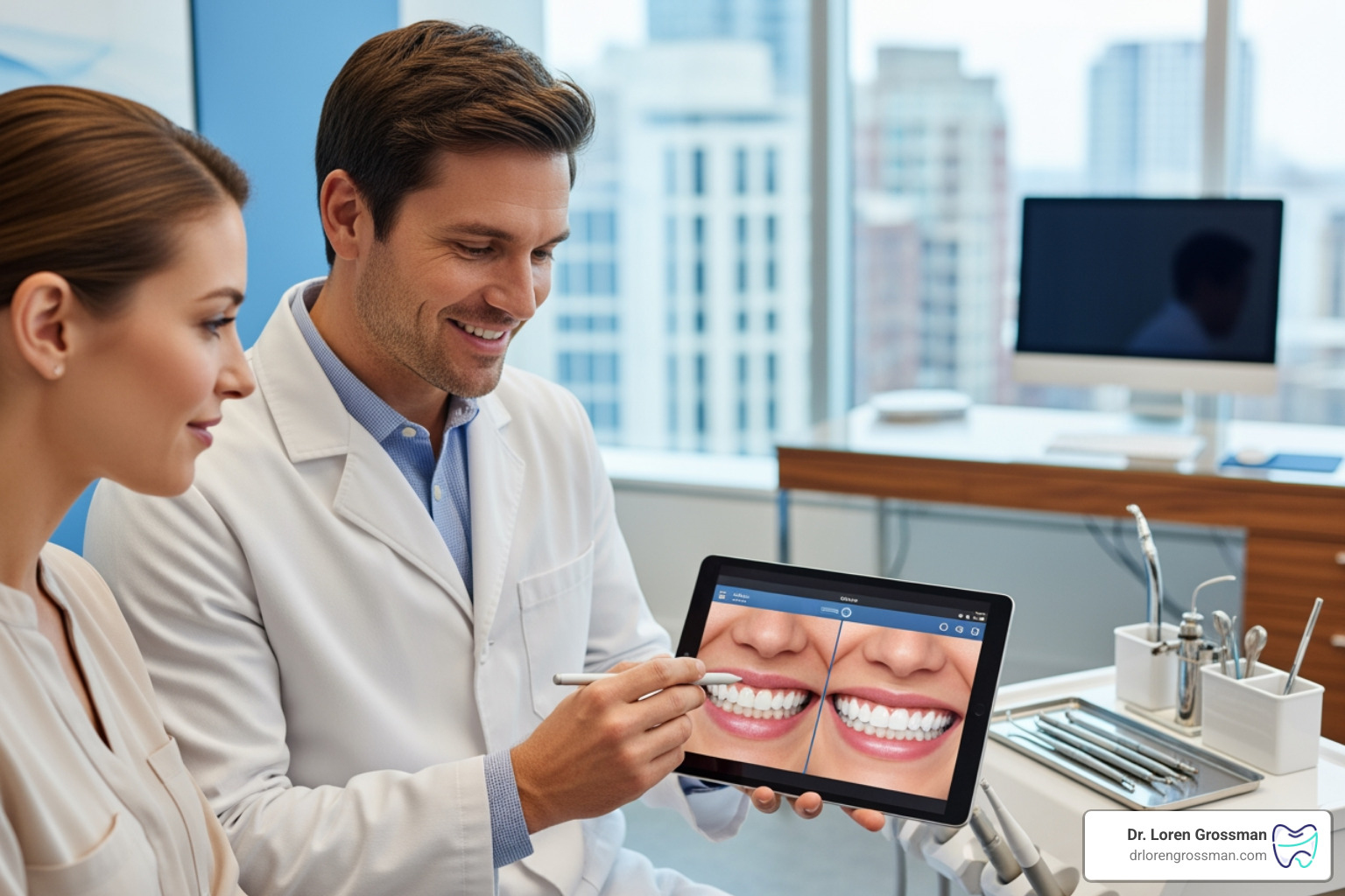 A dentist showing a patient a smile simulation on a screen - dental veneers procedure A dentist showing a patient a smile simulation on a screen - dental veneers procedure