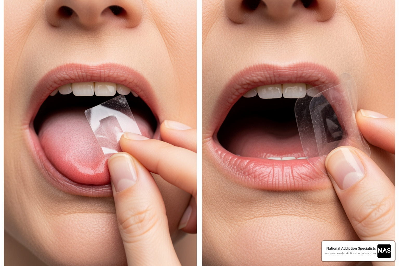 Image illustrating how to properly place sublingual and buccal films in the mouth - How much Suboxone