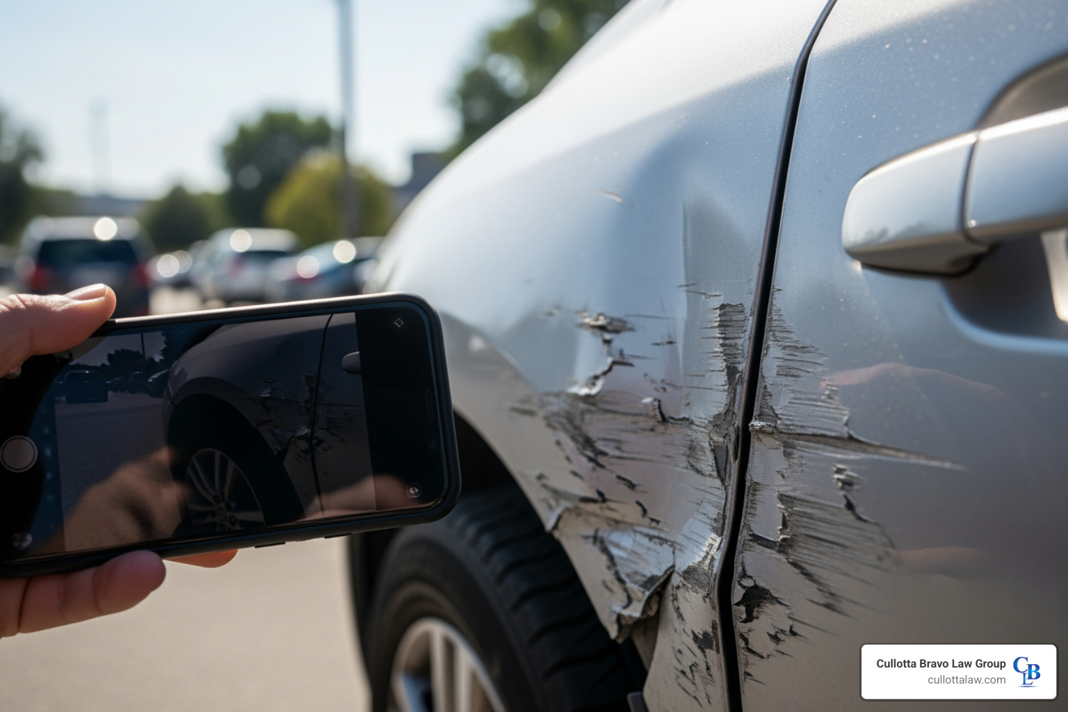 of a person taking a photo of car damage with their phone for evidence. - personal injury attorneys in aurora