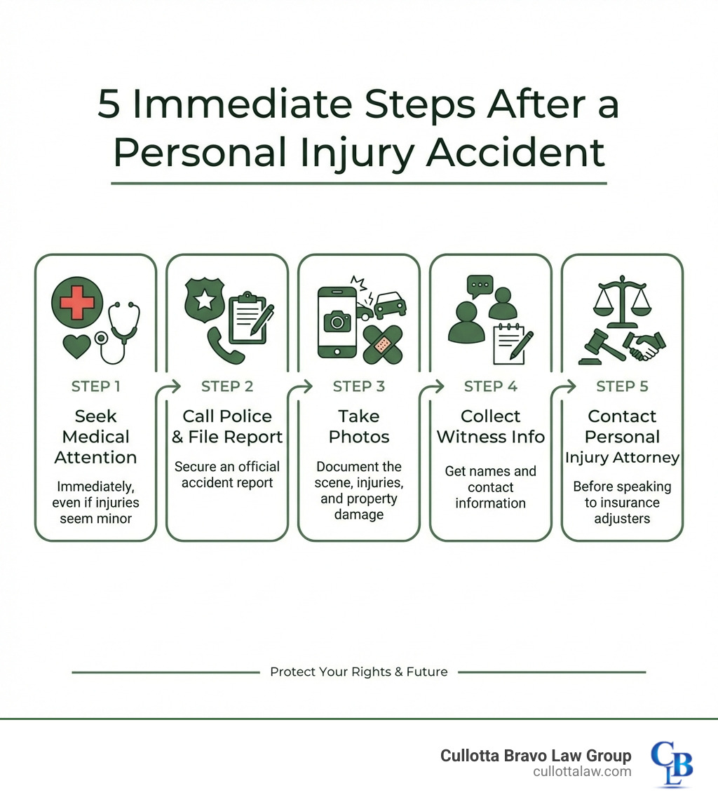 infographic showing 5 immediate steps after a personal injury accident: 1. Seek medical attention immediately even if injuries seem minor, 2. Call police and file an official accident report, 3. Take photos of the scene injuries and property damage, 4. Collect witness names and contact information, 5. Contact a personal injury attorney before speaking to insurance adjusters - personal injury attorneys in aurora infographic 