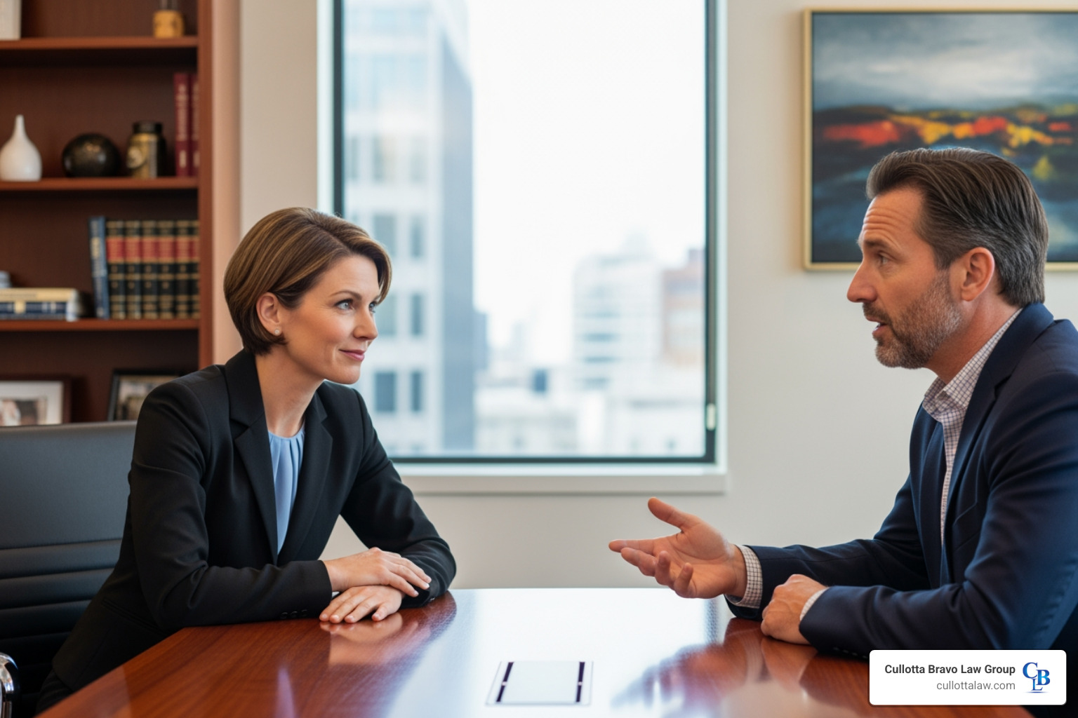 of a compassionate attorney listening to a client in an office setting. - personal injury attorneys in aurora