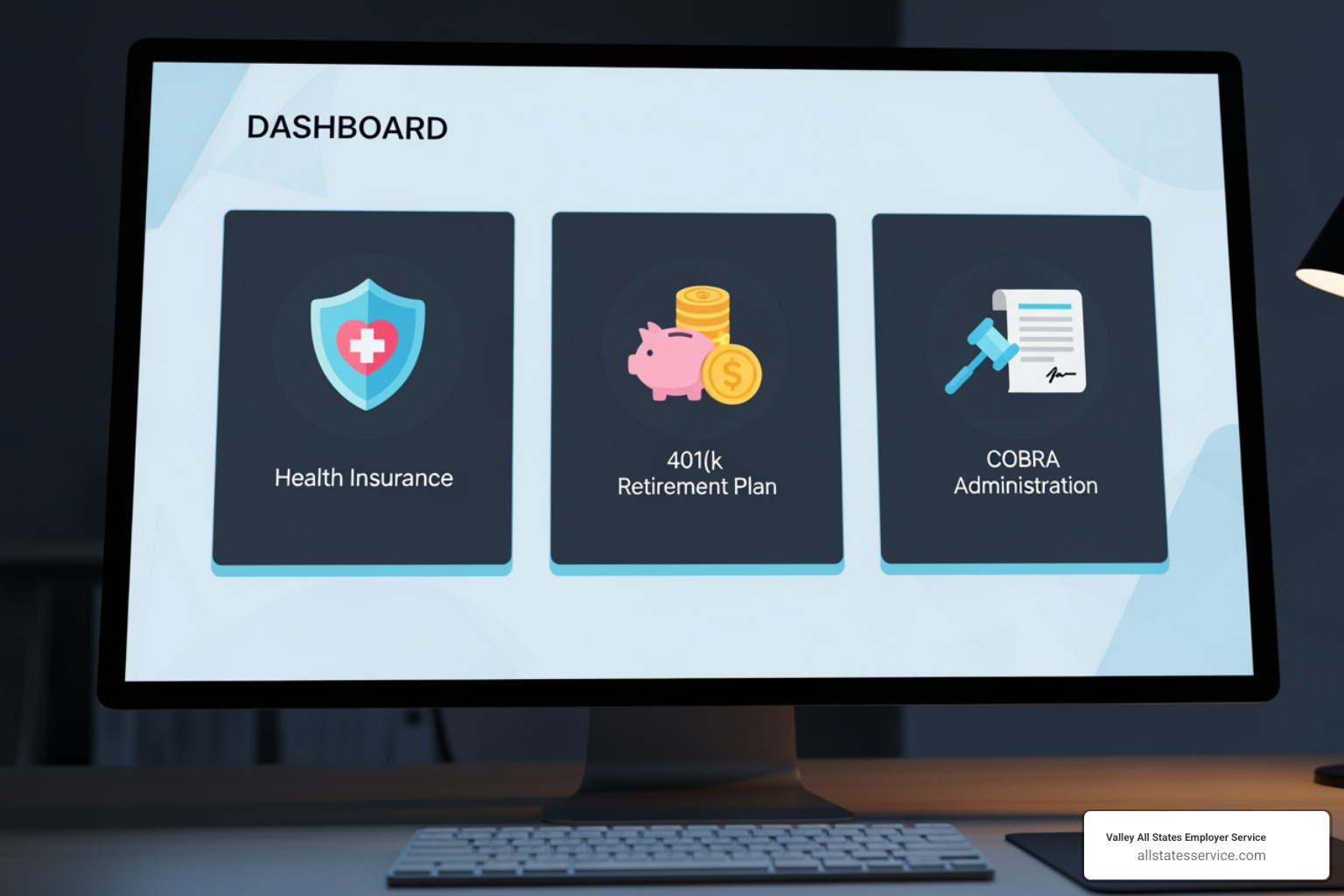 Dashboard displaying benefits services like health, 401(k), and COBRA - hr benefits administration outsourcing