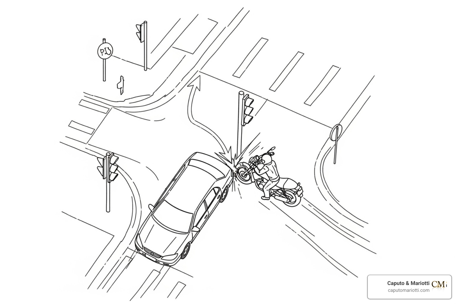 diagram showing a common left-turn motorcycle accident - motorcycle accident attorney PA diagram showing a common left-turn motorcycle accident - motorcycle accident attorney PA