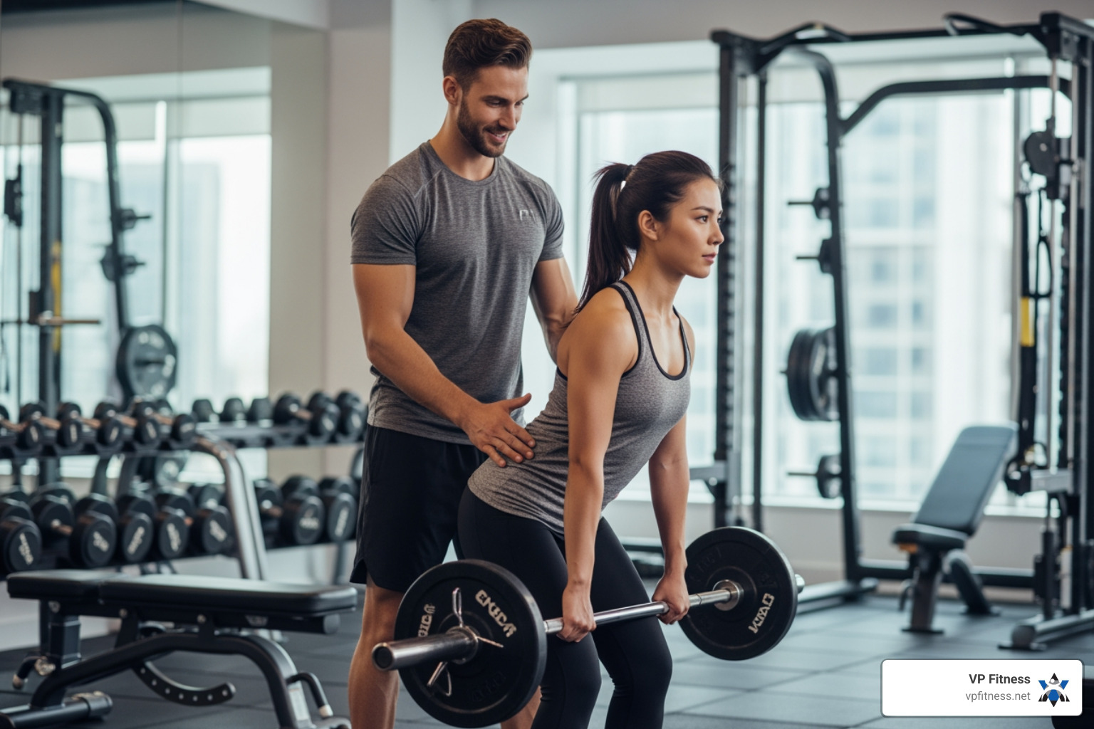personal trainer providing form correction to a client during a deadlift - Tailored fitness program