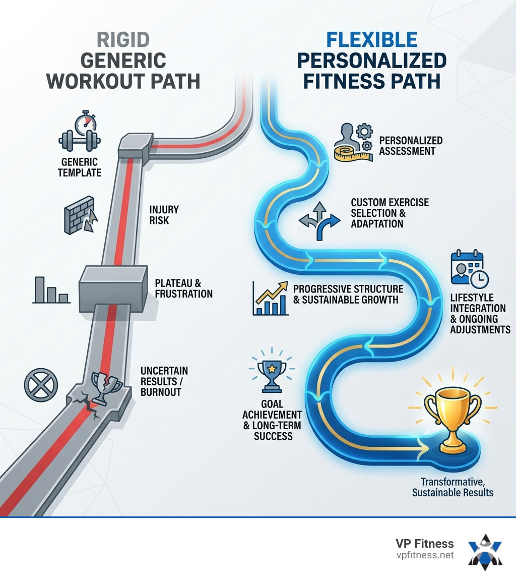 infographic showing two paths: a rigid generic workout path with obstacles and plateaus versus a flexible personalized fitness path with adaptable milestones smoothly leading to a goal trophy - Tailored fitness program infographic 