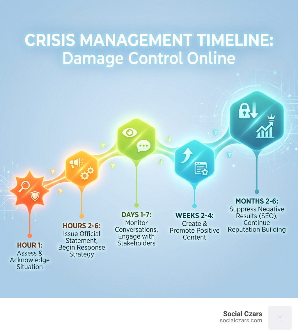Infographic showing the crisis management timeline: Hour 1 - Assess and acknowledge the situation, Hours 2-6 - Issue official statement and begin response strategy, Days 1-7 - Monitor conversations and engage with stakeholders, Weeks 2-4 - Create and promote positive content, Months 2-6 - Suppress negative results through SEO and continue reputation building - Damage control online infographic 