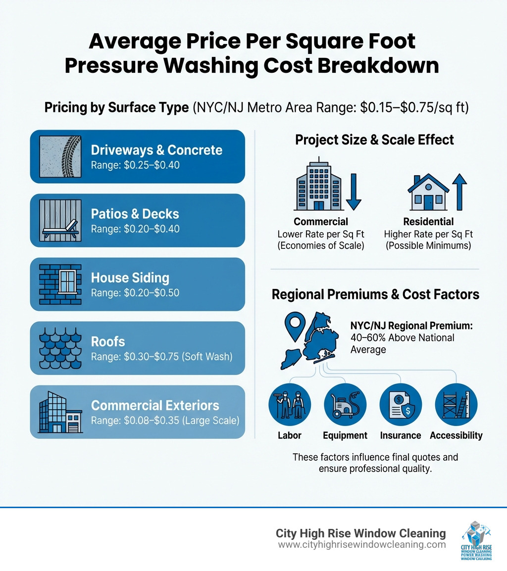 average price per square foot pressure washing cost breakdown—infographic showing pricing by surface type, project size, regional premiums, and cost factors including labor, equipment, insurance, and accessibility - average price per square foot pressure washing infographic average price per square foot pressure washing cost breakdown—infographic showing pricing by surface type, project size, regional premiums, and cost factors including labor, equipment, insurance, and accessibility - average price per square foot pressure washing infographic