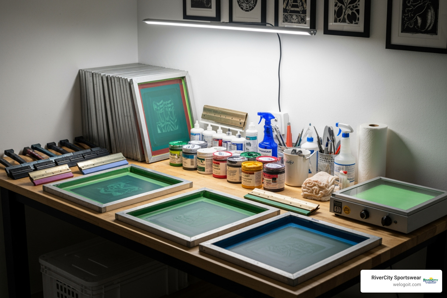 A well-organized screen printing workstation with all essential supplies laid out - screen printing tips for beginners A well-organized screen printing workstation with all essential supplies laid out - screen printing tips for beginners