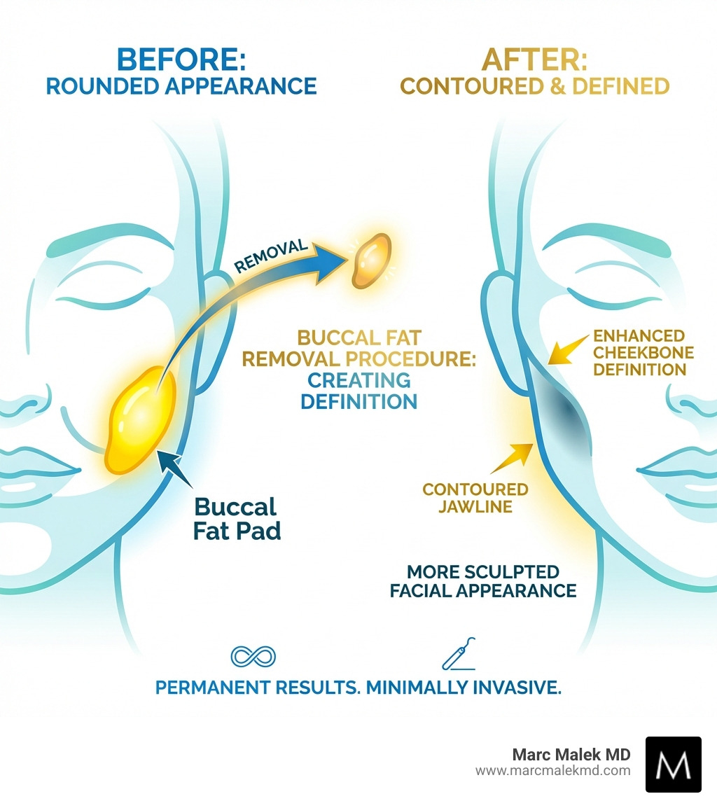 Infographic showing the location of buccal fat pads in the lower cheeks between the cheekbone and jawline, with arrows indicating their removal to create a more contoured facial appearance and enhanced cheekbone definition - buccal fat removal phoenix infographic Infographic showing the location of buccal fat pads in the lower cheeks between the cheekbone and jawline, with arrows indicating their removal to create a more contoured facial appearance and enhanced cheekbone definition - buccal fat removal phoenix infographic