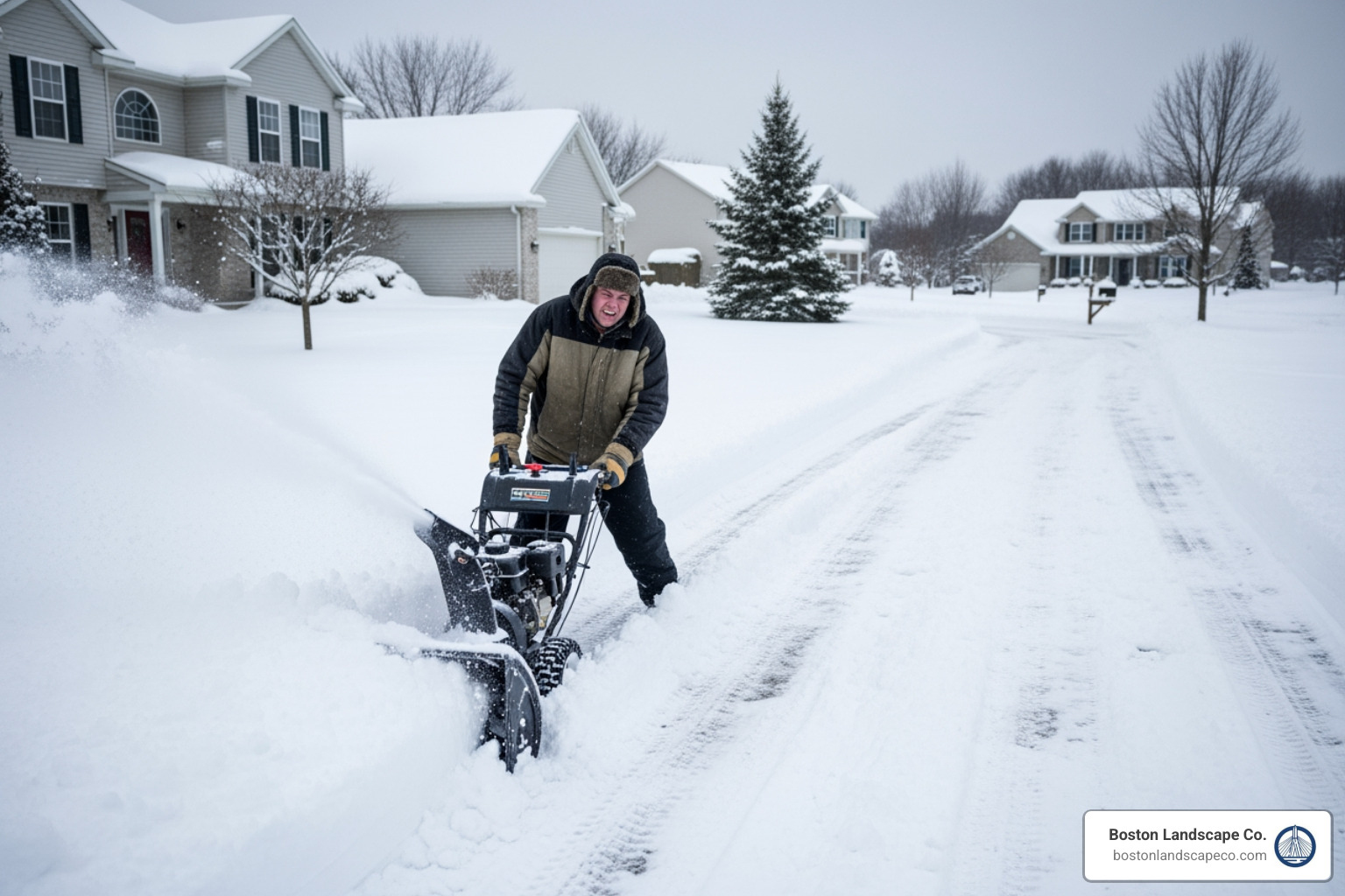 A person struggling to use a snowblower on a large, snow-covered driveway, looking tired and frustrated - snow removal companies
