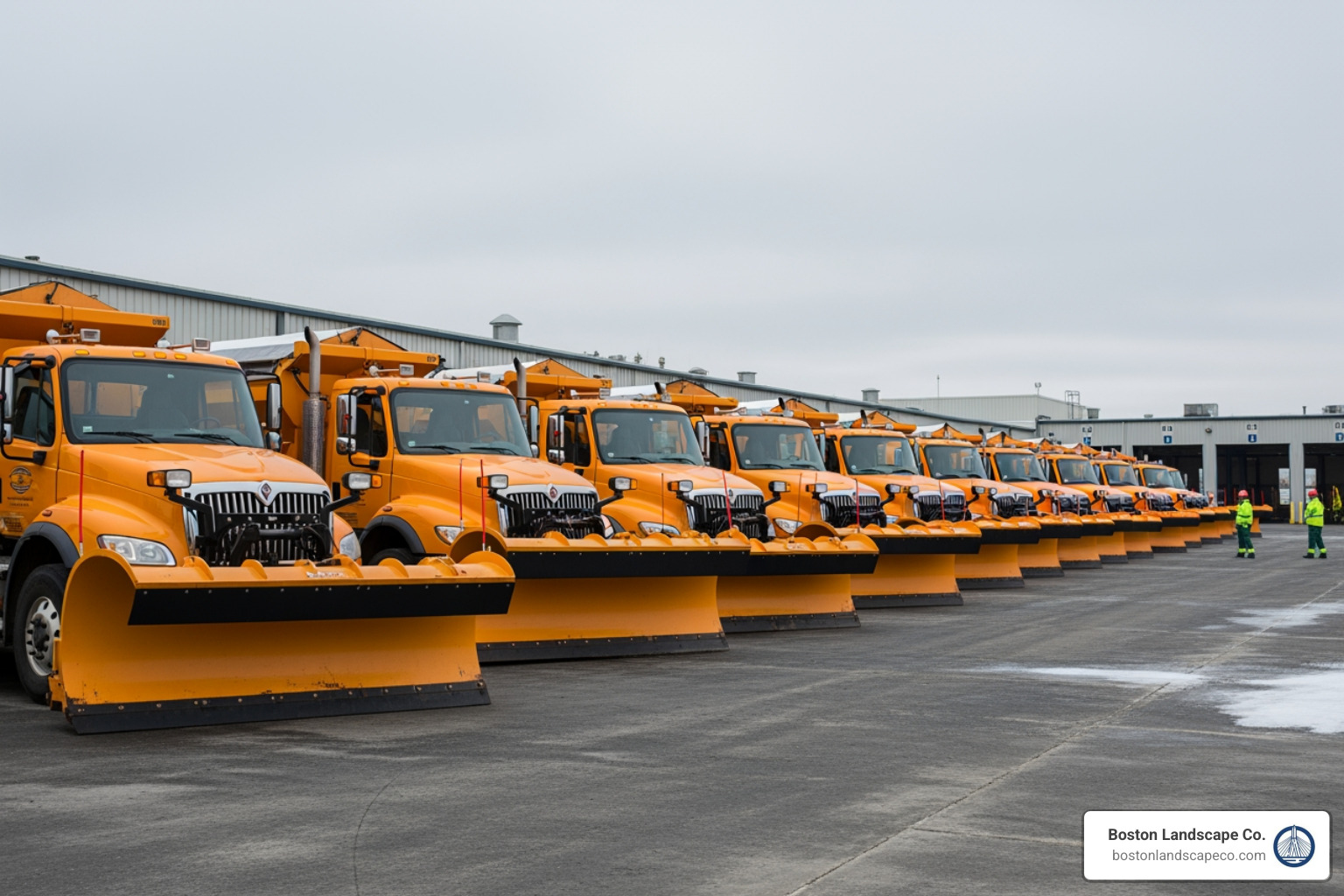 A fleet of snow plows and salt spreaders lined up, ready for dispatch, showcasing organized winter preparedness - snow removal companies