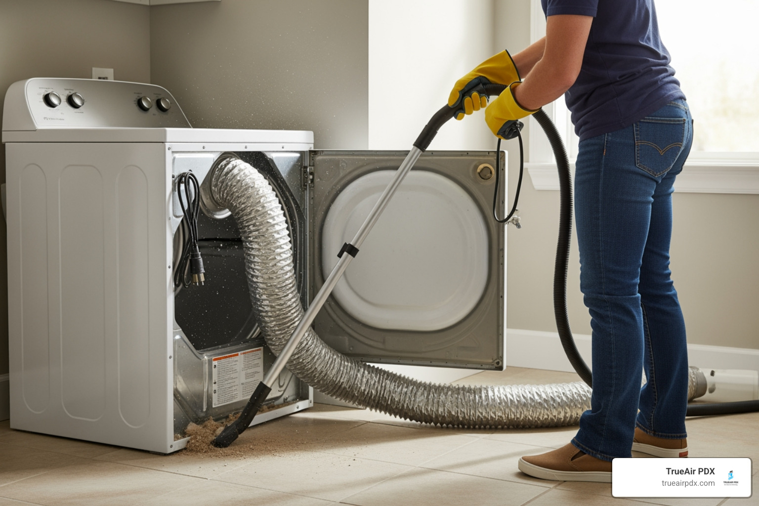 person cleaning behind a dryer, with the dryer pulled away from the wall - remove dryer lint