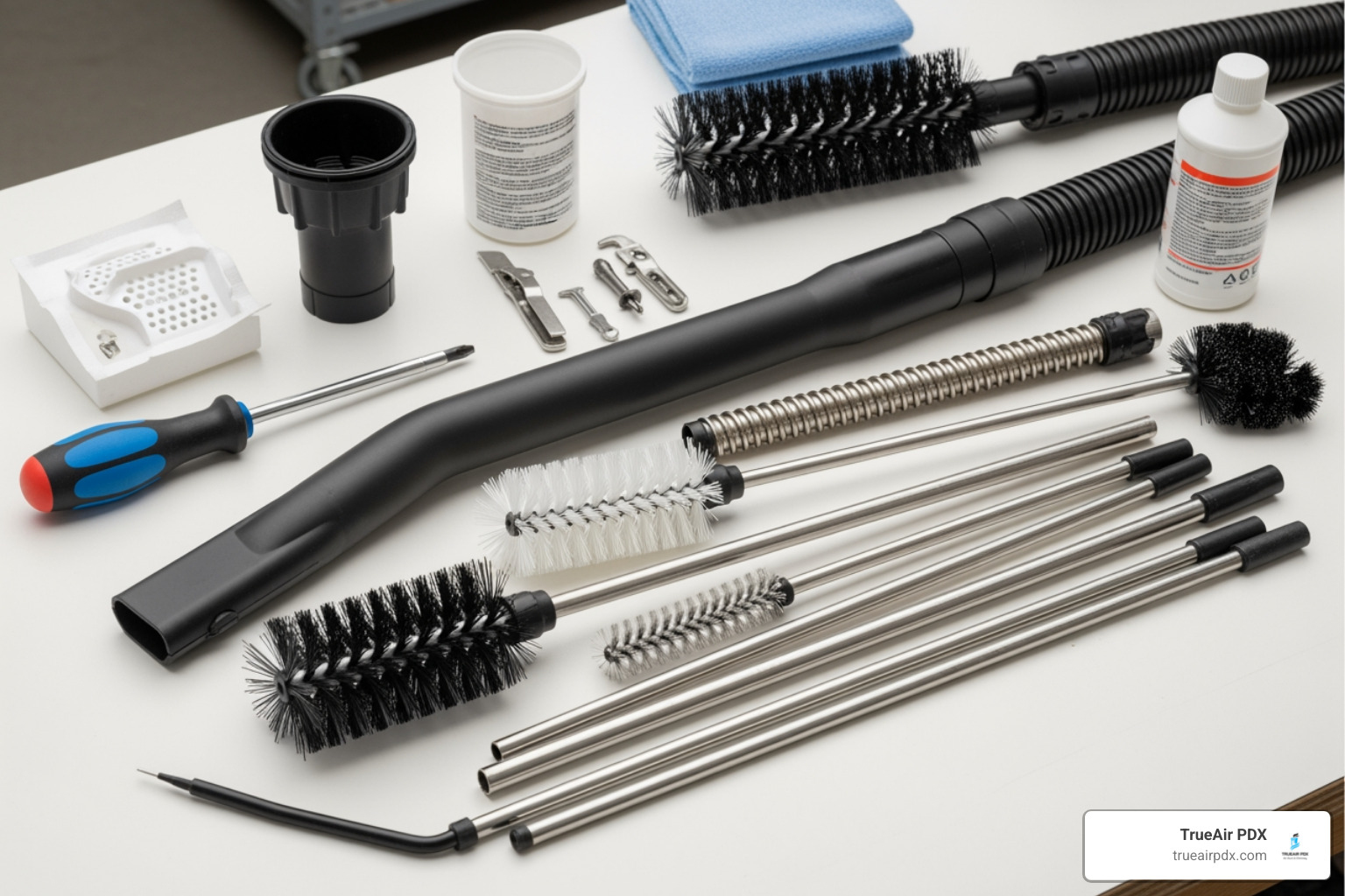 tools and supplies for dryer vent cleaning laid out on a clean surface - remove dryer lint