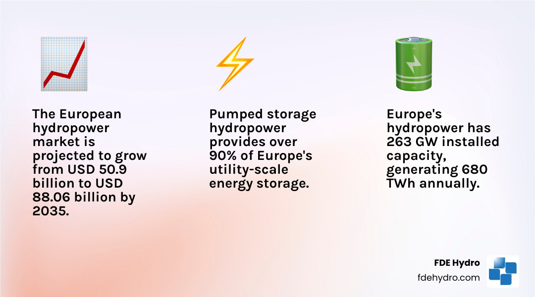 Infographic showing European hydropower market statistics including installed capacity by country (Russia 54.3 GW, Norway 33.9 GW, France 25.7 GW, Italy 22.1 GW, Germany 14.6 GW), pumped storage capacity (56 GW), annual generation (680 TWh), market value growth projection from 50.9 billion USD in 2023 to 88.06 billion USD by 2035, and breakdown of capacity types with large and medium hydropower dominating at 54.09 billion USD projected by 2035 - Europe hydropower market infographic 3_facts_emoji_light-gradient Infographic showing European hydropower market statistics including installed capacity by country (Russia 54.3 GW, Norway 33.9 GW, France 25.7 GW, Italy 22.1 GW, Germany 14.6 GW), pumped storage capacity (56 GW), annual generation (680 TWh), market value growth projection from 50.9 billion USD in 2023 to 88.06 billion USD by 2035, and breakdown of capacity types with large and medium hydropower dominating at 54.09 billion USD projected by 2035 - Europe hydropower market infographic 3_facts_emoji_light-gradient