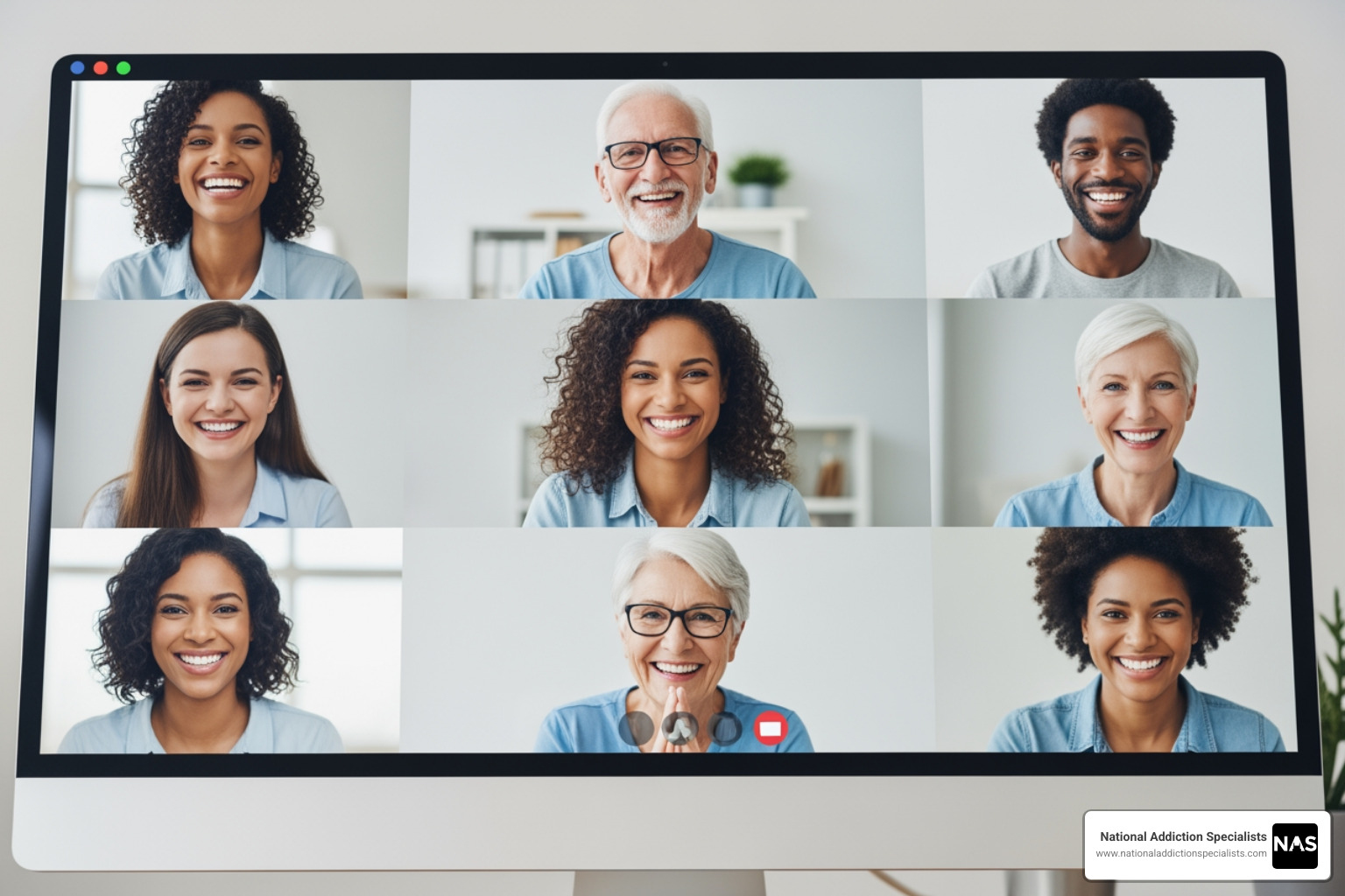 A diverse group of people connecting in a virtual support group meeting, smiling and engaged - Telehealth Addiction Counseling A diverse group of people connecting in a virtual support group meeting, smiling and engaged - Telehealth Addiction Counseling