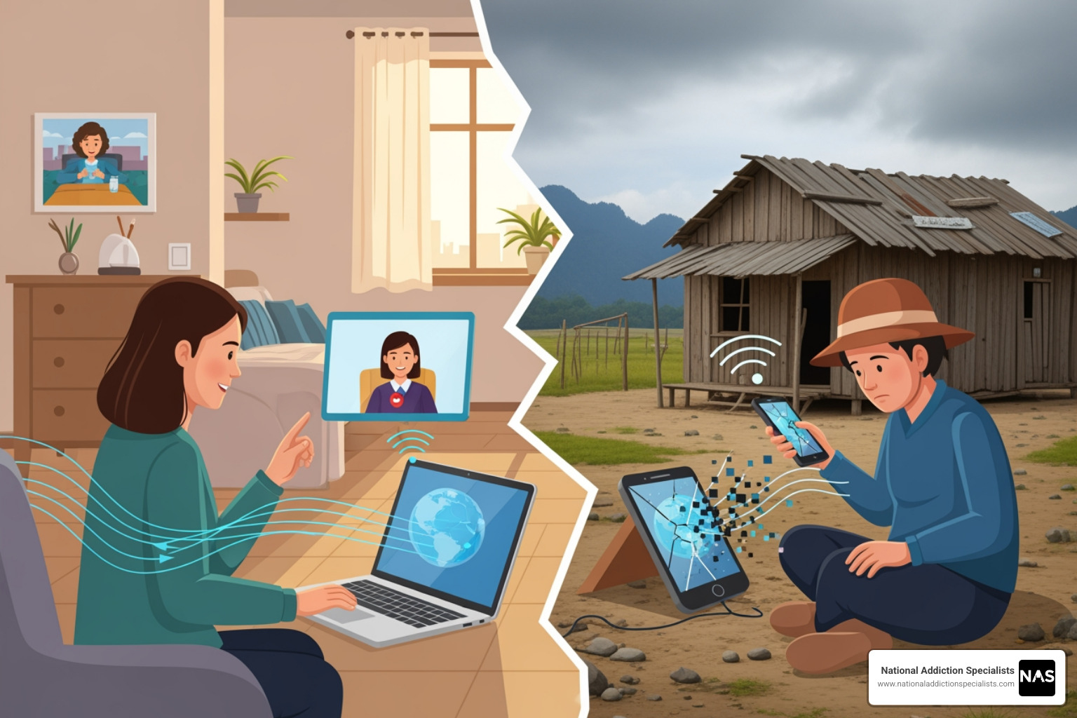Illustration of the digital divide, with one person easily connecting to a telehealth session on a laptop while another struggles with a broken phone and spotty internet in a remote area - Telehealth Addiction Counseling Illustration of the digital divide, with one person easily connecting to a telehealth session on a laptop while another struggles with a broken phone and spotty internet in a remote area - Telehealth Addiction Counseling
