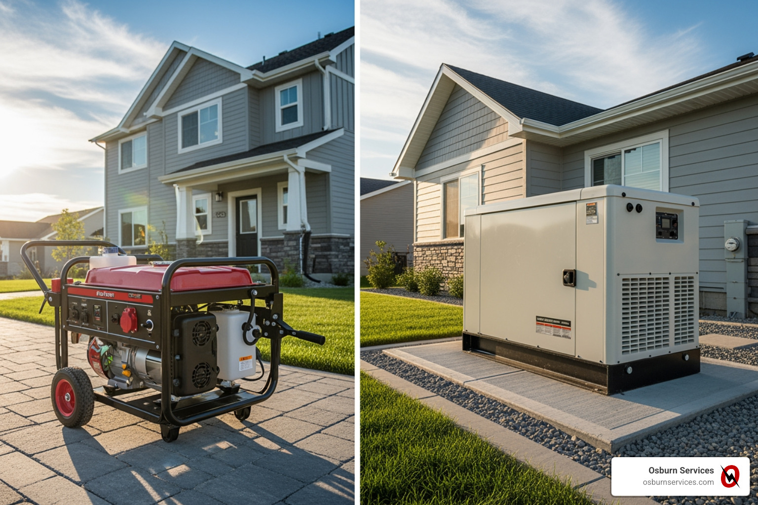 image comparing a smaller portable generator with a permanently installed standby unit - home backup generator installation