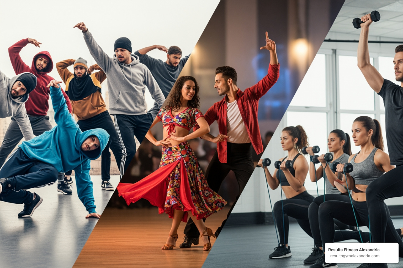 Collage showing different dance styles like hip-hop, Latin, and toning with weights - Dance fitness party Collage showing different dance styles like hip-hop, Latin, and toning with weights - Dance fitness party