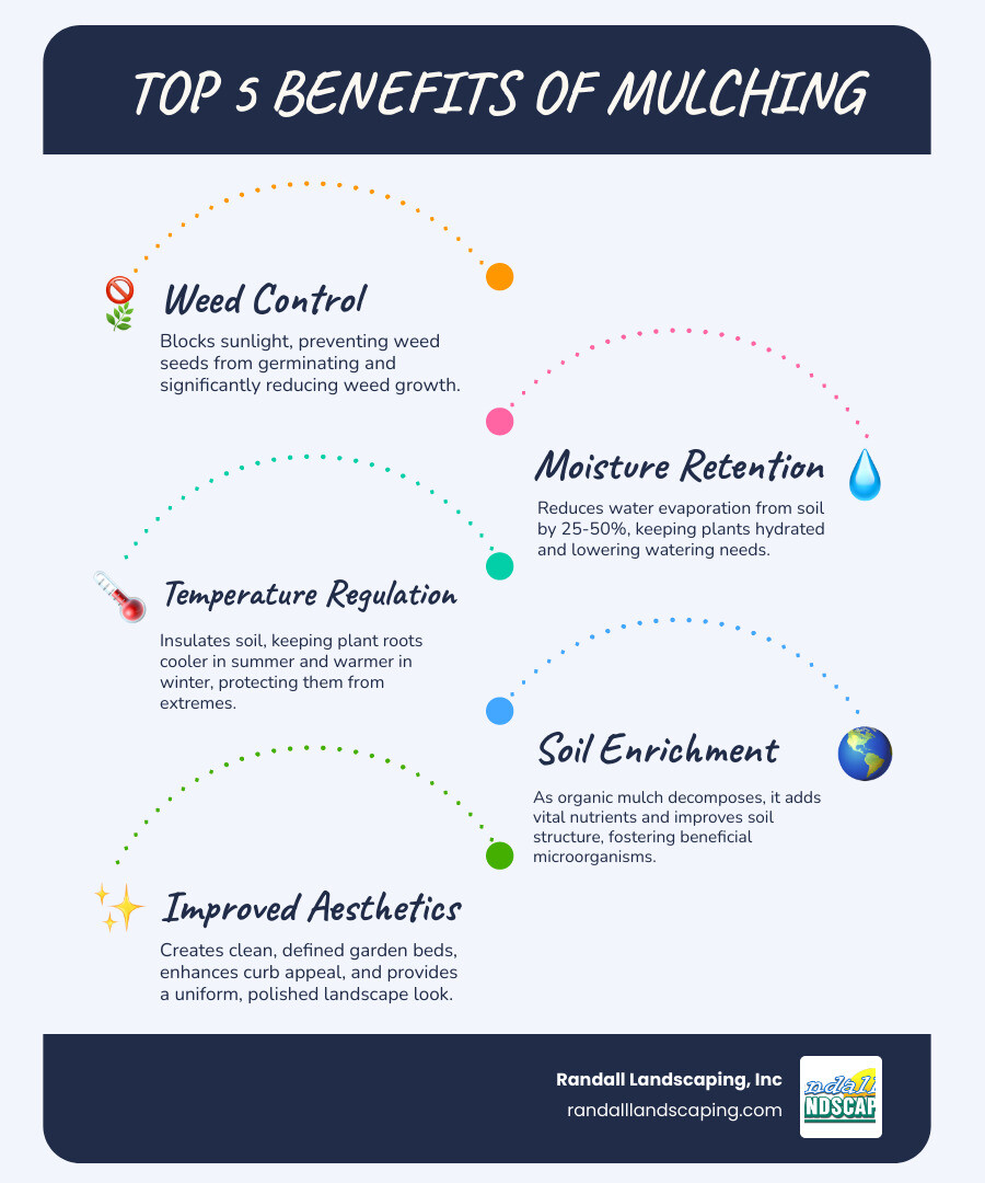 infographic showing the top 5 benefits of mulching: weed control by blocking light to weed seeds, moisture retention reducing watering needs by 25-50%, temperature regulation keeping roots cooler in summer and warmer in winter, soil enrichment as organic mulch breaks down and adds nutrients, and improved aesthetics creating clean lines and visual appeal - installing mulch beds infographic infographic-line-5-steps-blues-accent_colors infographic showing the top 5 benefits of mulching: weed control by blocking light to weed seeds, moisture retention reducing watering needs by 25-50%, temperature regulation keeping roots cooler in summer and warmer in winter, soil enrichment as organic mulch breaks down and adds nutrients, and improved aesthetics creating clean lines and visual appeal - installing mulch beds infographic infographic-line-5-steps-blues-accent_colors