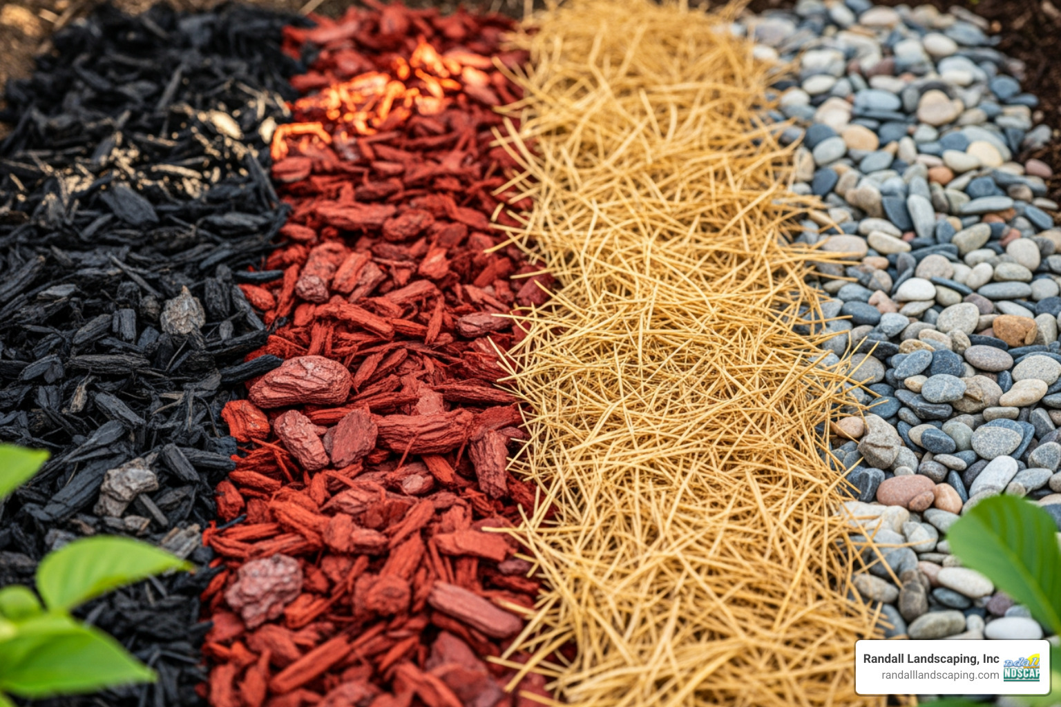 different types of mulch side-by-side, such as dark bark, red bark, pine straw, and decorative stone - installing mulch beds different types of mulch side-by-side, such as dark bark, red bark, pine straw, and decorative stone - installing mulch beds