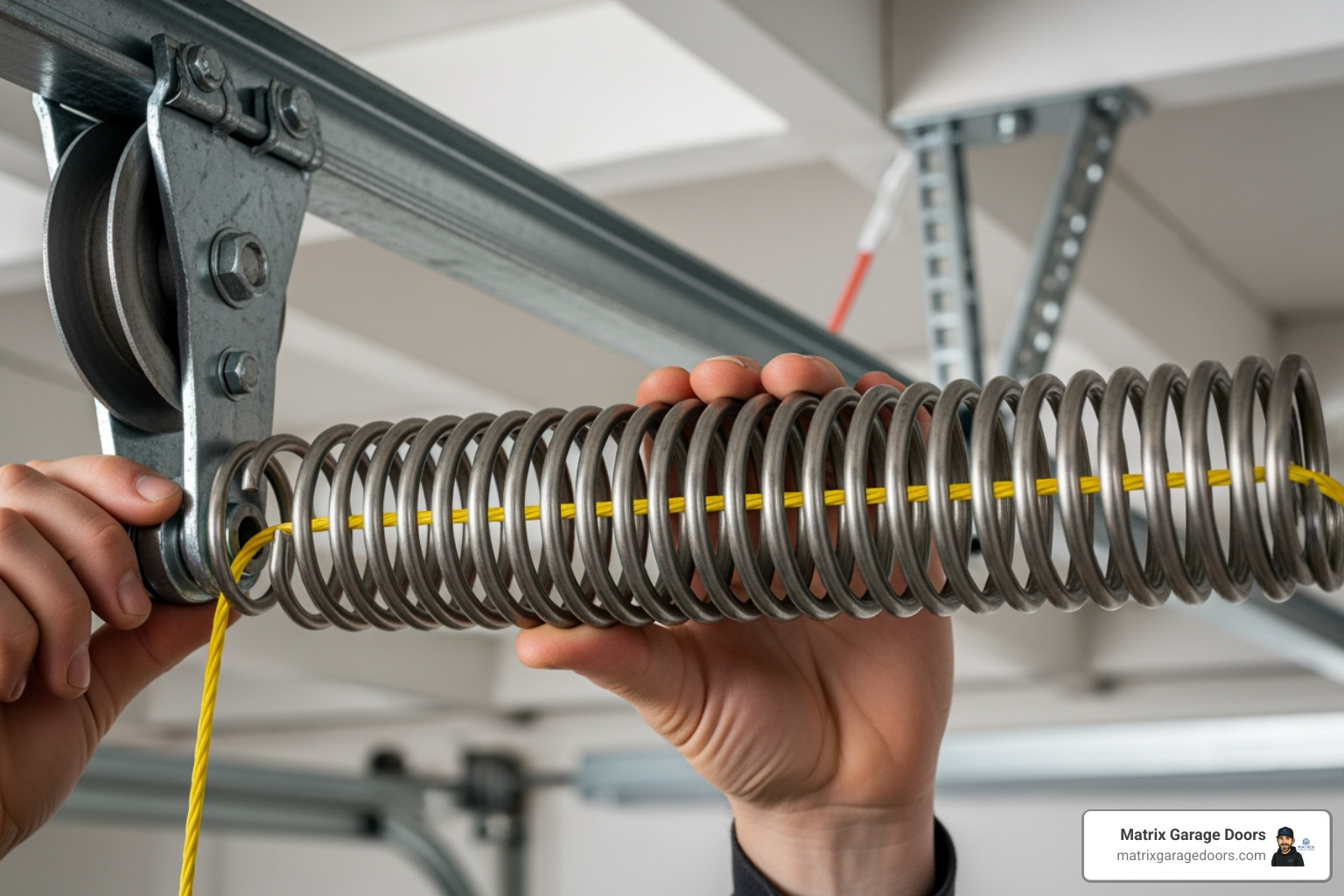 extension spring with safety cable being installed - change out garage door springs