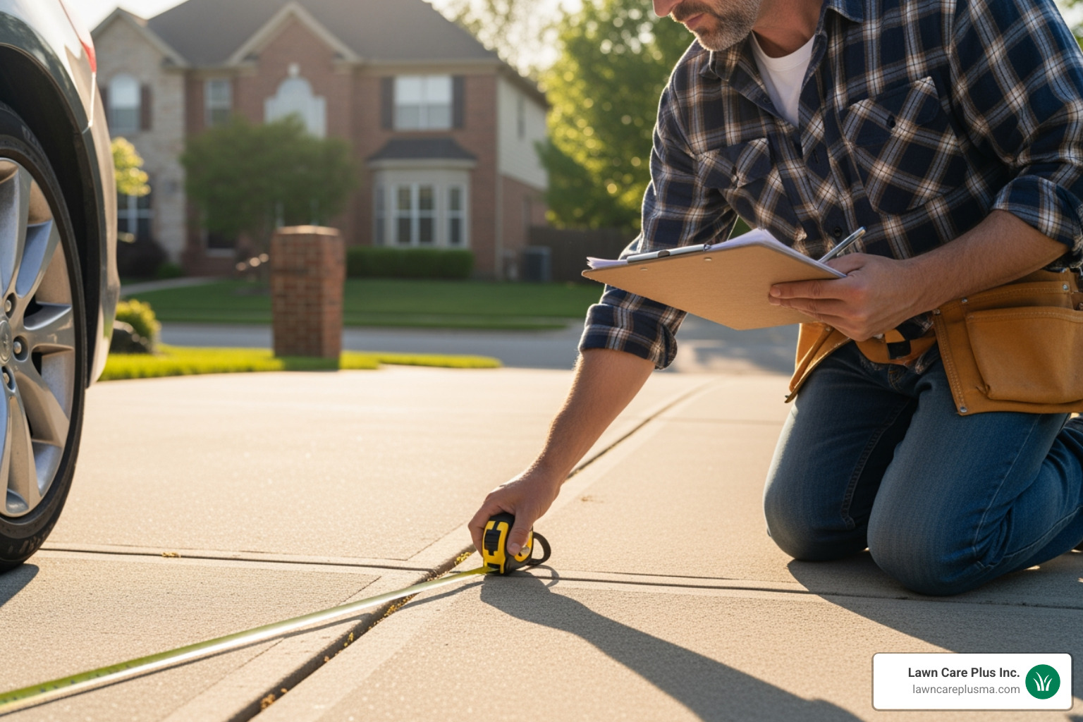 of a contractor measuring a driveway area for a quote - brick paver driveway