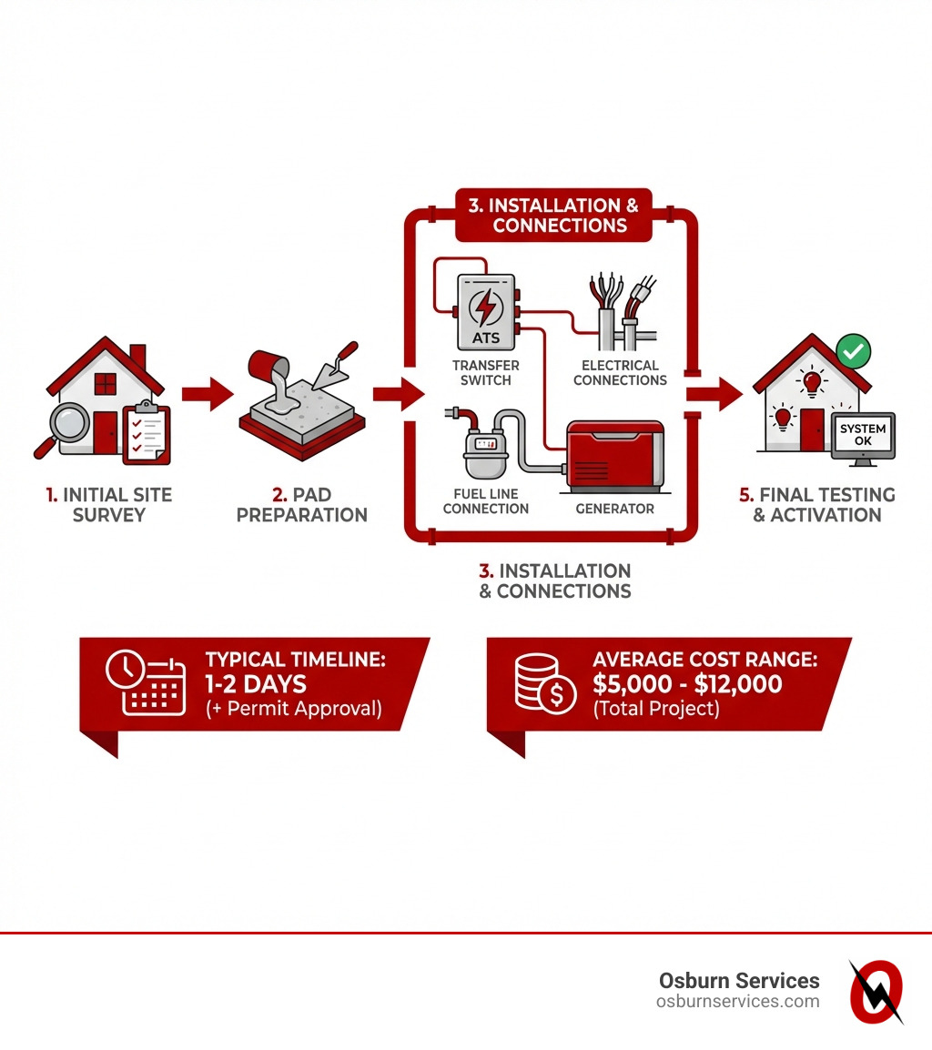 infographic showing the complete home backup generator installation process from initial site survey through final testing, including key steps like pad preparation, transfer switch installation, fuel line connection, and electrical connections, with typical timeline of 1-2 days and cost range of $5,000-$12,000 - home backup generator installation infographic 