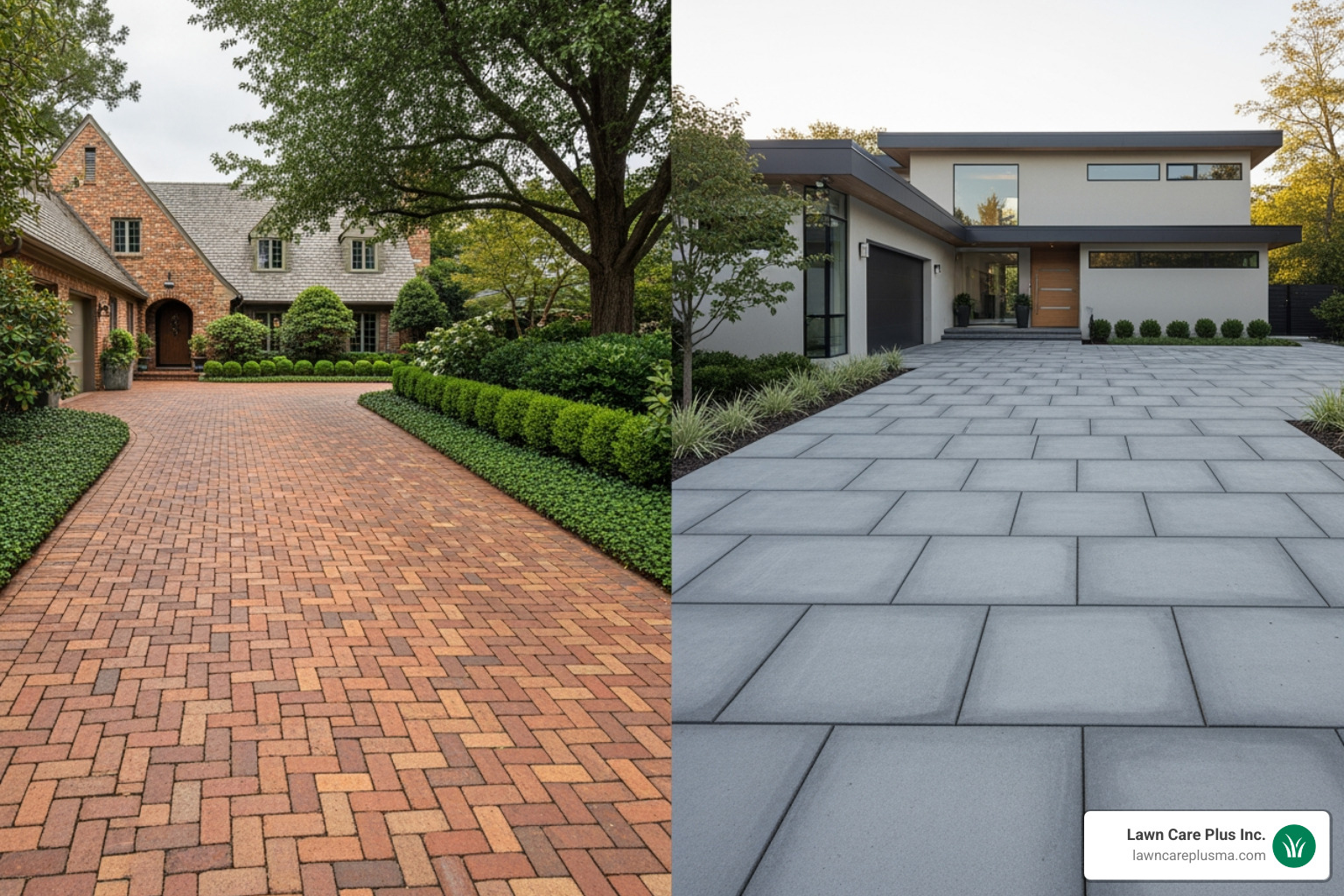of a split-screen showing a classic clay brick paver driveway next to a modern concrete paver driveway - brick paver driveway