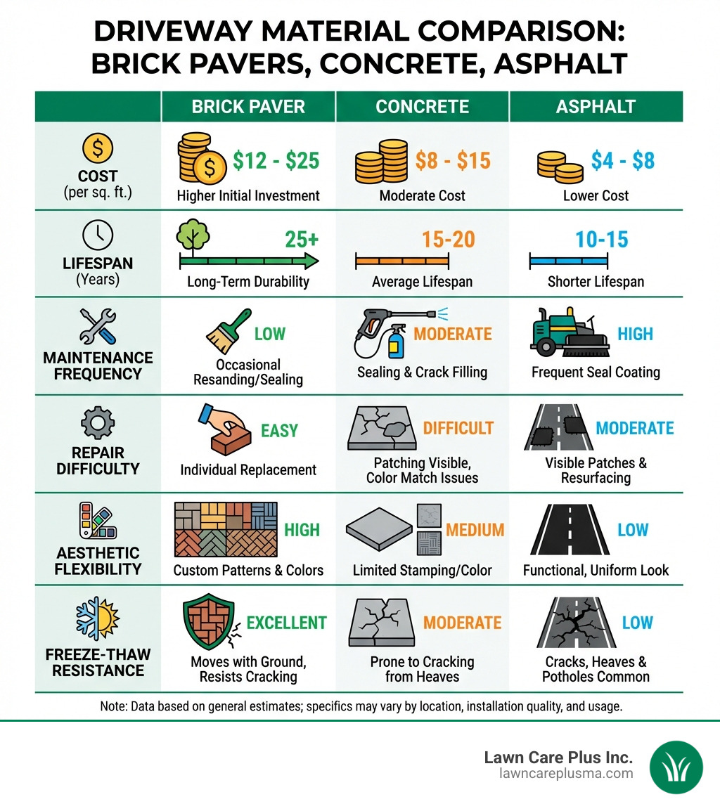 Infographic comparing brick paver driveways, concrete driveways, and asphalt driveways showing cost per square foot, typical lifespan in years, maintenance frequency, repair difficulty, aesthetic flexibility, and freeze-thaw resistance ratings - brick paver driveway infographic 