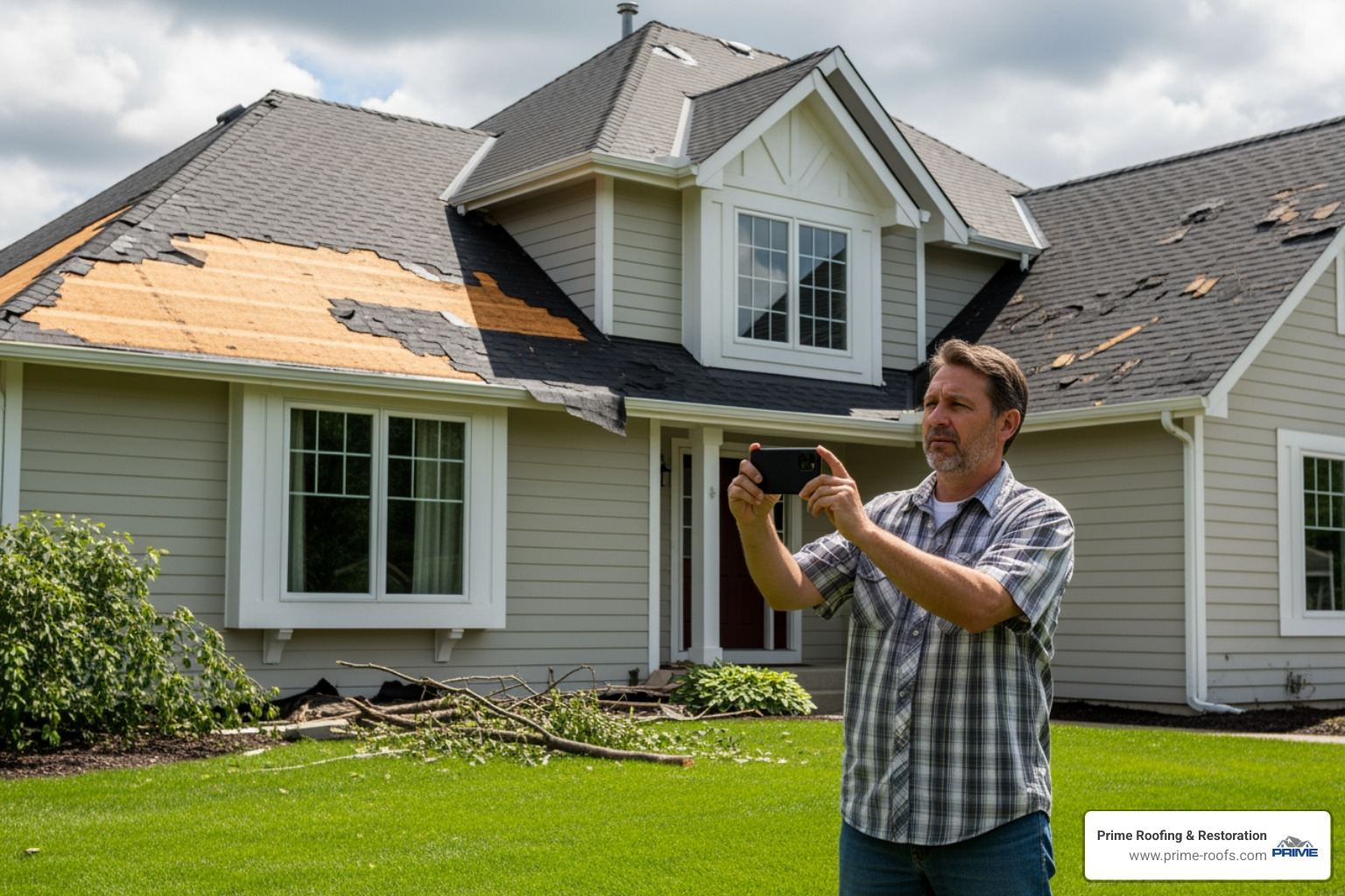 a homeowner taking photos of a damaged roof with a smartphone - Storm damage roofing services