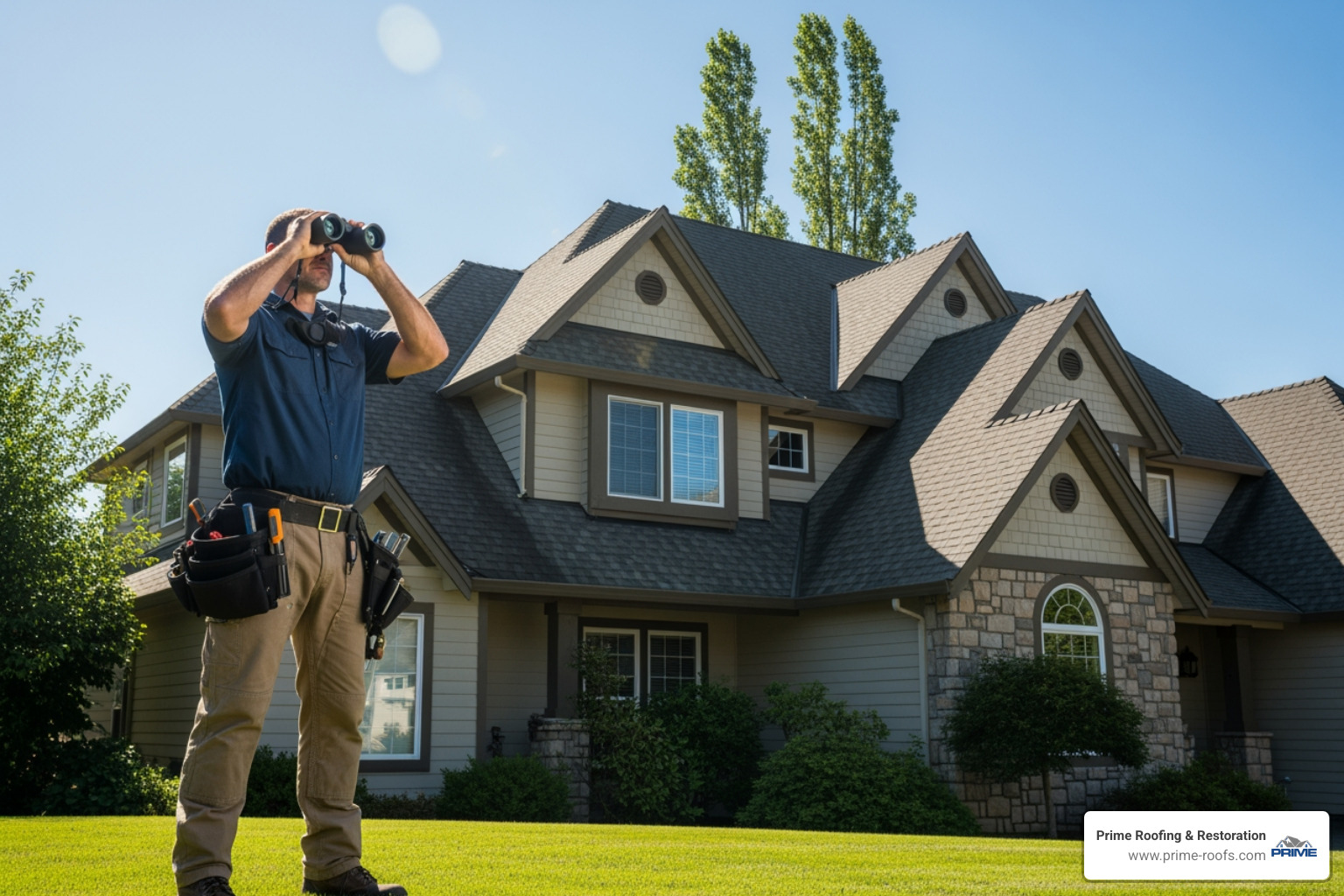 a roofer safely inspecting a roof from the ground with binoculars - Storm damage roofing services
