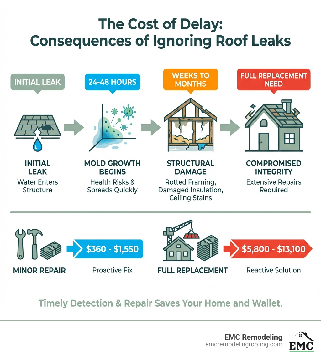 Infographic showing the consequences of delayed roof leak repair: timeline from initial leak to mold growth (24-48 hours), structural damage (weeks to months), and full replacement need. Include cost comparison: minor repair $360-$1,550 vs full replacement $5,800-$13,100 - finding a roof leak infographic 