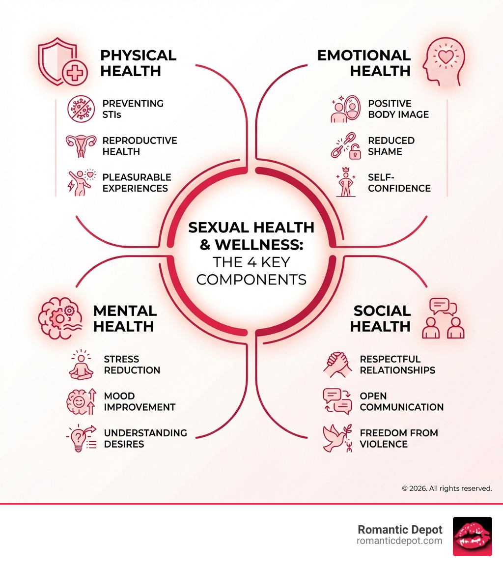 Infographic showing the four key components of sexual wellness: Physical health (preventing STIs, reproductive health, pleasurable experiences), Emotional health (positive body image, reduced shame, self-confidence), Mental health (stress reduction, mood improvement, understanding desires), and Social health (respectful relationships, open communication, freedom from violence) - Sexual Health and Wellness infographic 