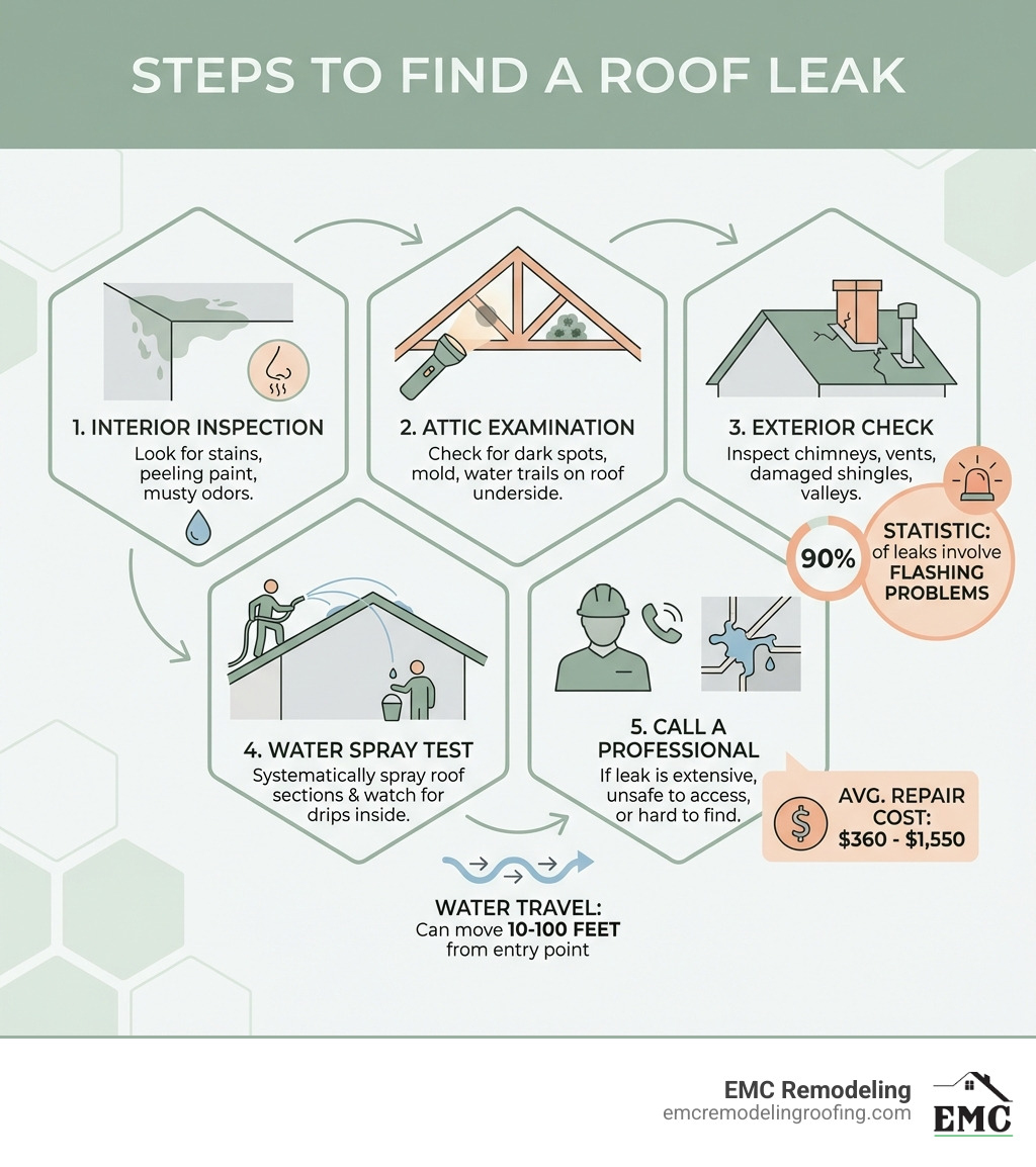 Steps to find a roof leak showing interior inspection, attic examination, exterior check of common leak points, water spray test method, and when to call a professional. Include statistics: 90% of leaks involve flashing problems, water can travel 10-100 feet from entry point, average repair cost $360-$1,550 - finding a roof leak infographic 