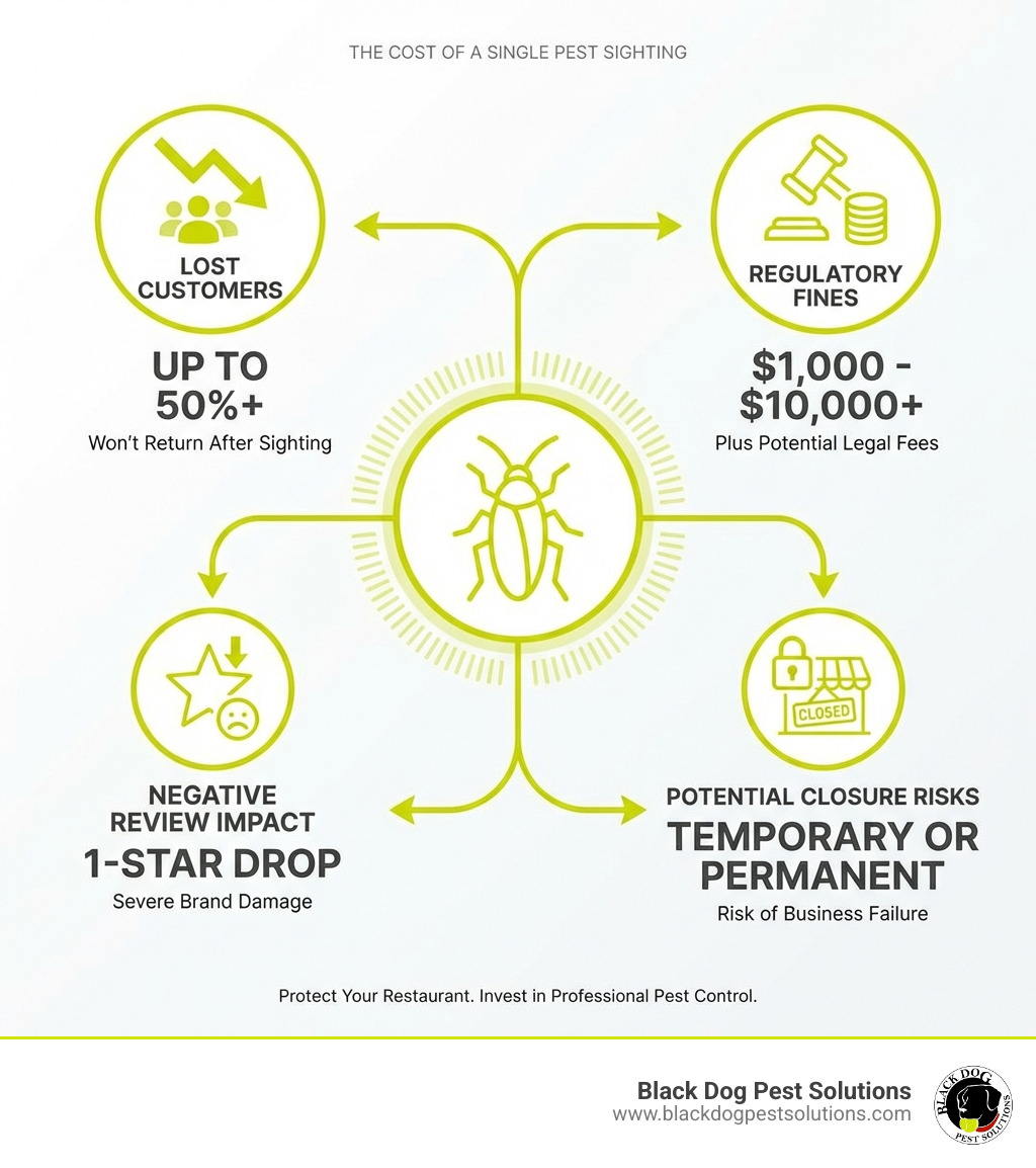 infographic showing the financial and reputational cost of a single pest sighting in a restaurant including lost customers percentage regulatory fine amounts average negative review impact and potential closure risks - restaurant pest control companies infographic infographic showing the financial and reputational cost of a single pest sighting in a restaurant including lost customers percentage regulatory fine amounts average negative review impact and potential closure risks - restaurant pest control companies infographic