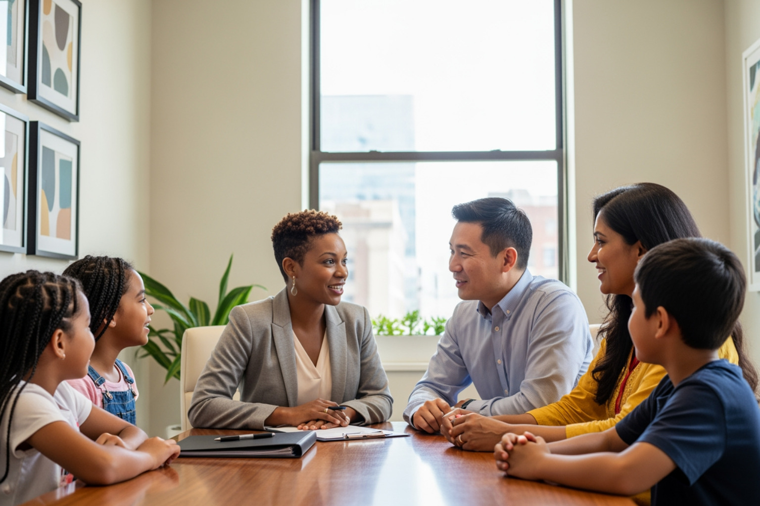 a case manager warmly speaking with a family in an office setting - eviction prevention in the community a case manager warmly speaking with a family in an office setting - eviction prevention in the community